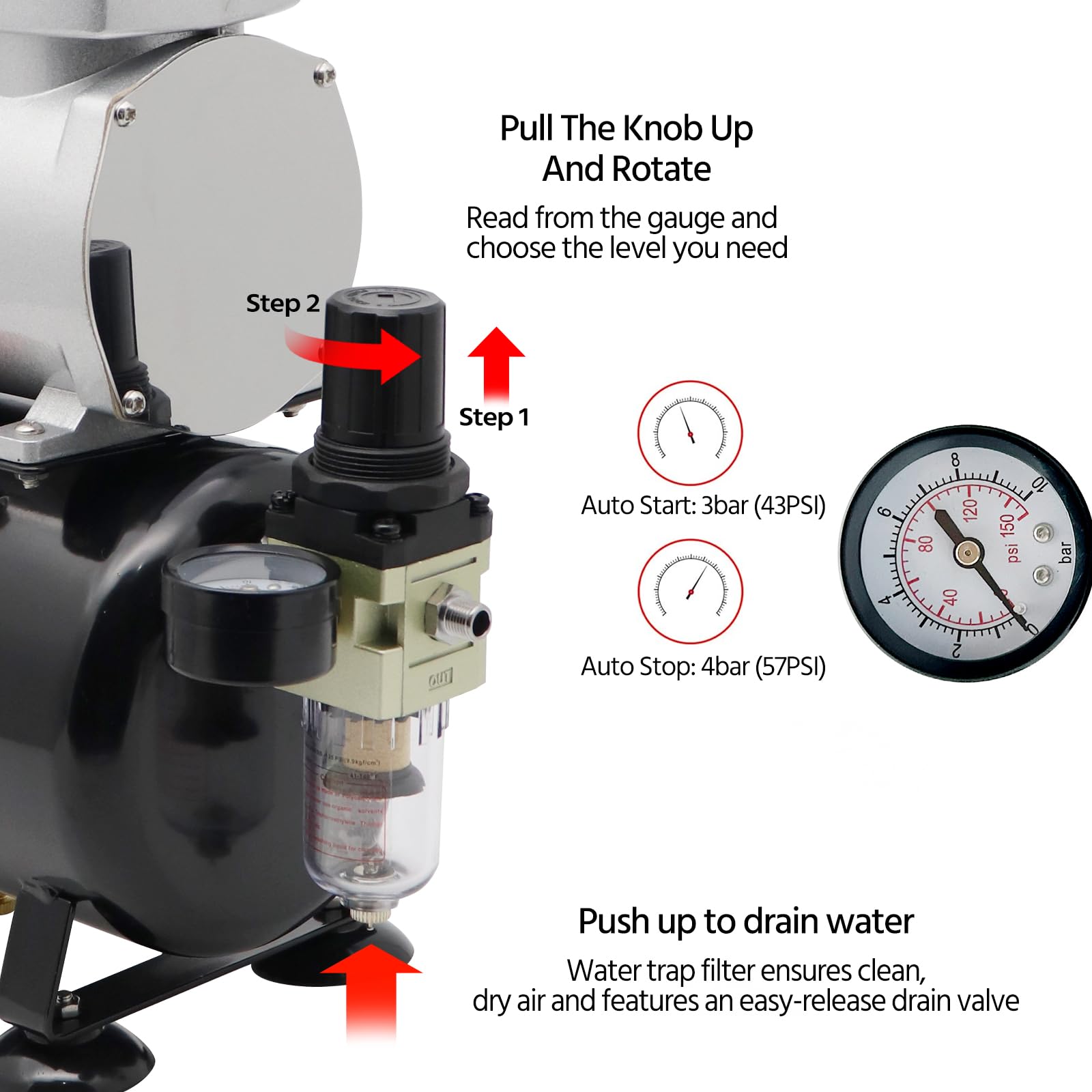 Compressore Airbrush Free – Mini compressore professionale a pistone singolo con serbatoio da 3 litri, regolatore e sifone per hobby, pittura, decorazione torte, tatuaggi, grafiche