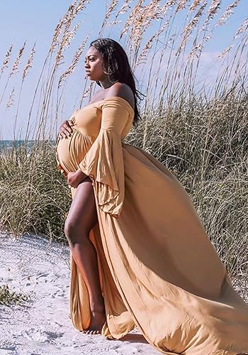 Miniatura 5 de ZIUMUDY Vestido de maternidad con hombros descubiertos y mangas acampanadas, maxi vestido de fotografía para baby shower