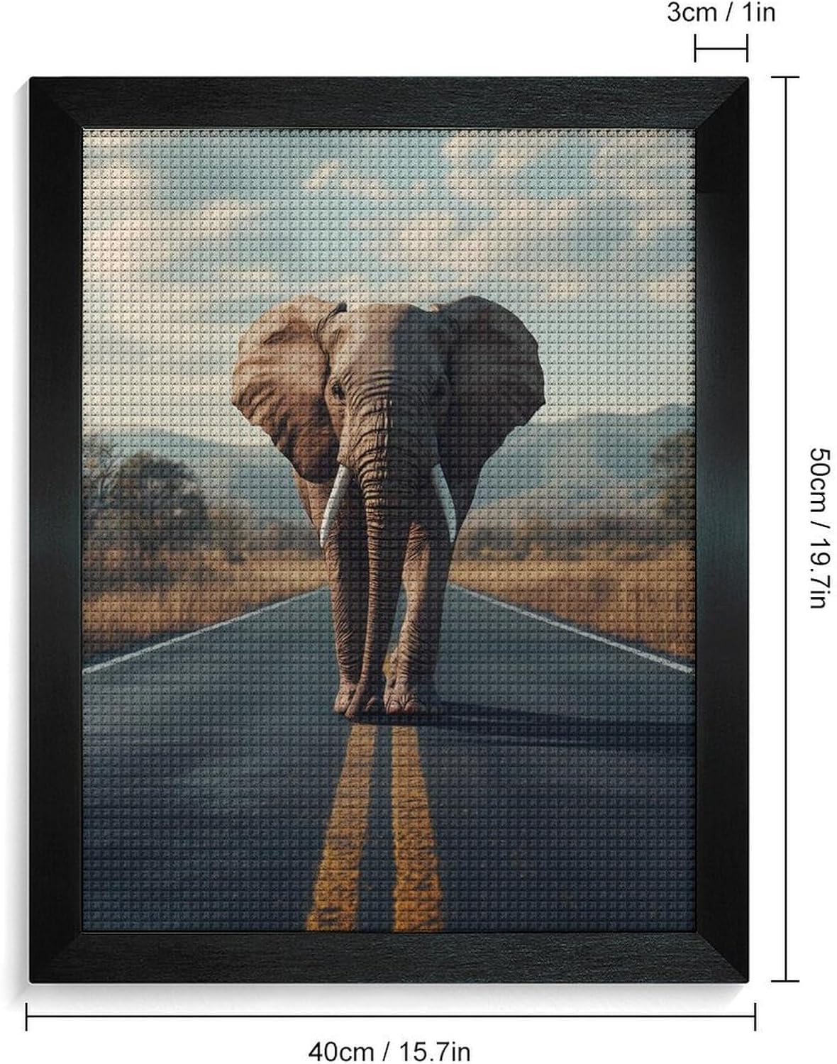 Elephant Walking On The Road Diamond 5D Painting Kits with Frame DIY Full Round Drill Gem Art Crafts for Home Wall Decor 16 X 20in White Wood 40 * 50cm