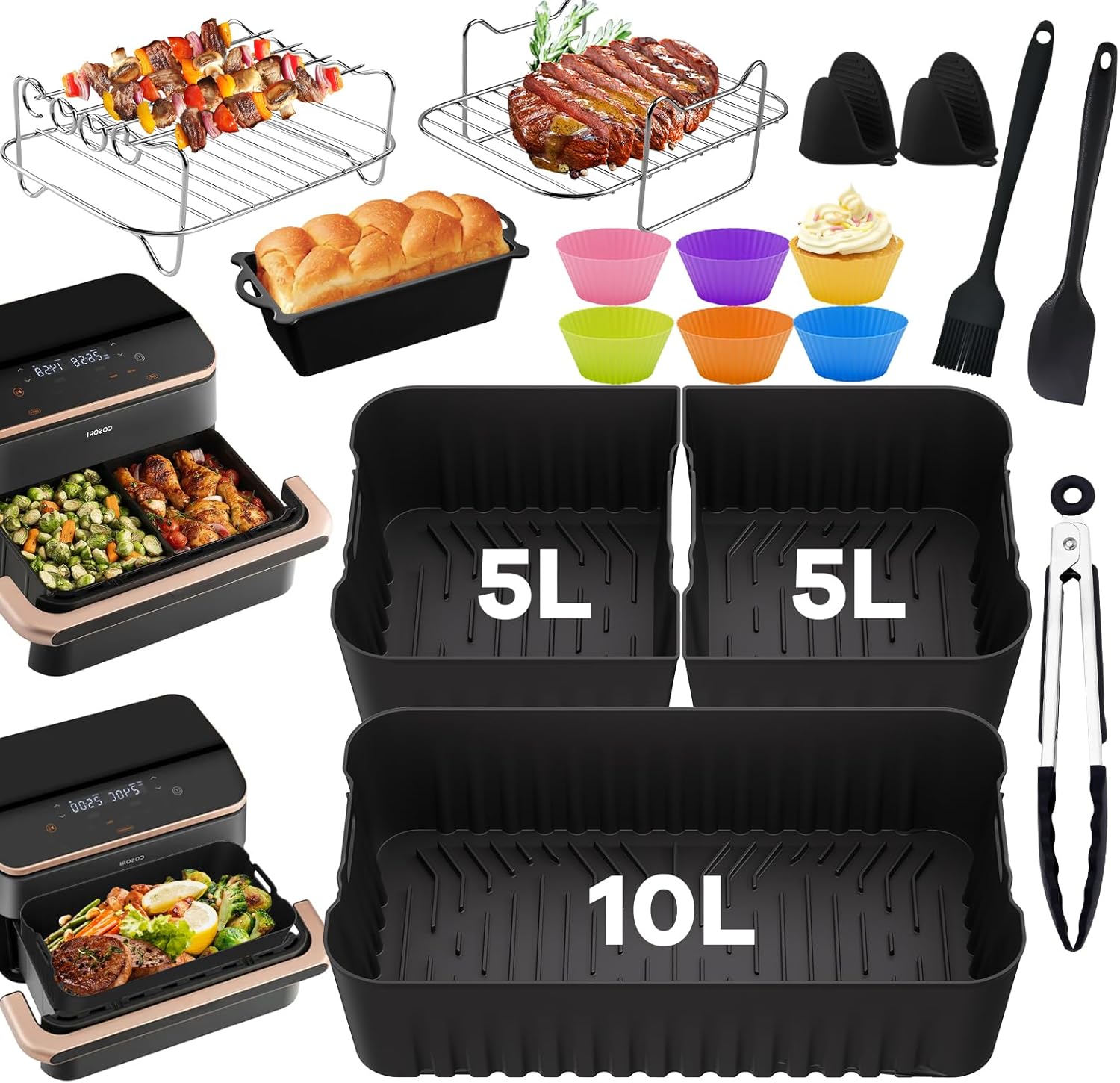 Heißluftfritteuse Zubehör für Cosori Dual Blaze Twinfry XXL 10L, Airfryer Zubehör 2×5L Silikonform für Cosori heißluftfritteuse, Air Fryer Silikon für Heißluftfritteuse Cosori 10L Zubehör
