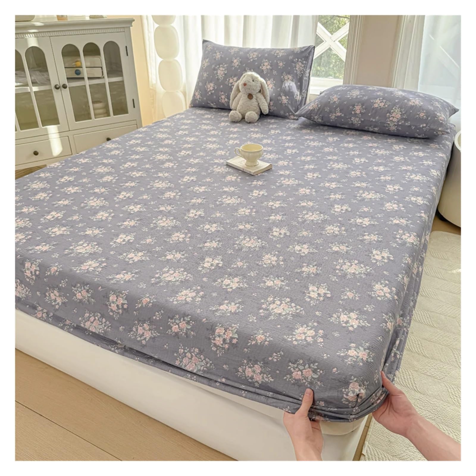 Drap en Lin Drap-Housse élastique imprimé for lit Simple, Queen Size ou King(Color-10,180x200cm 3pcs Set)
