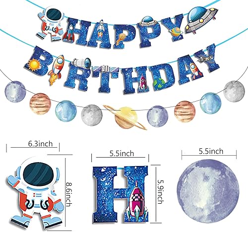 Miniatura 2 de 11 pancartas de fiesta del espacio exterior de astronauta feliz cumpleaños, pancarta espacial de nueve planetas y espirales colgantes para niños