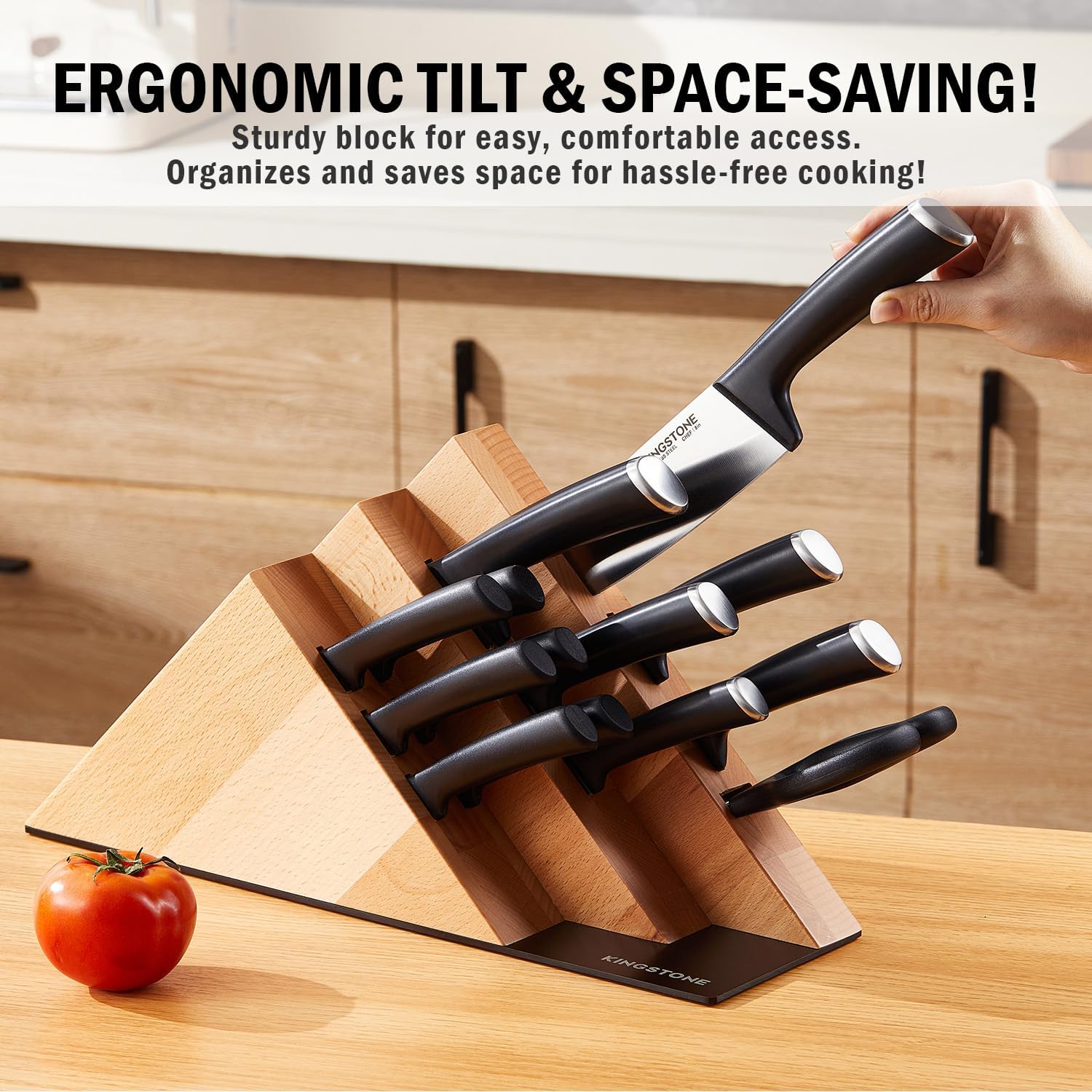 KINGSTONE 14-Piece Kitchen Knife Set with Block, High-Carbon Stainless Steel Knives Set, Ergonomic Non-Slip Handle, Professional Knife Set for Kitchen for Home Cooking & Gifting, Natural