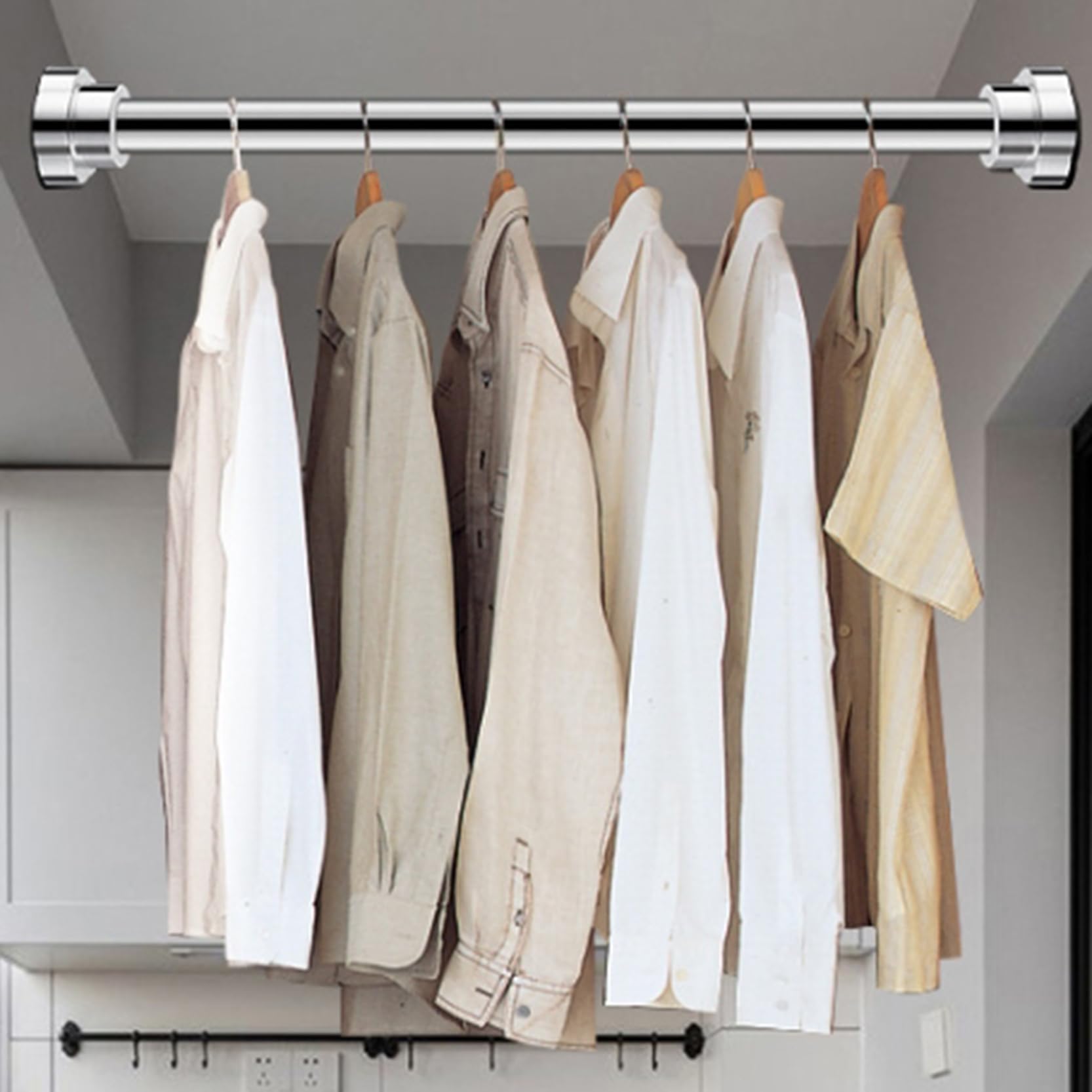 Federspannstange, Gardinenstange Ohne Bohren, Duschvorhangstange für Wohnzimmer Balkon Schlafzimmer, Dekorative Gardinenstangen, Ausziehbare, rutschfeste Gardinenstangen(Size:85-130cm)