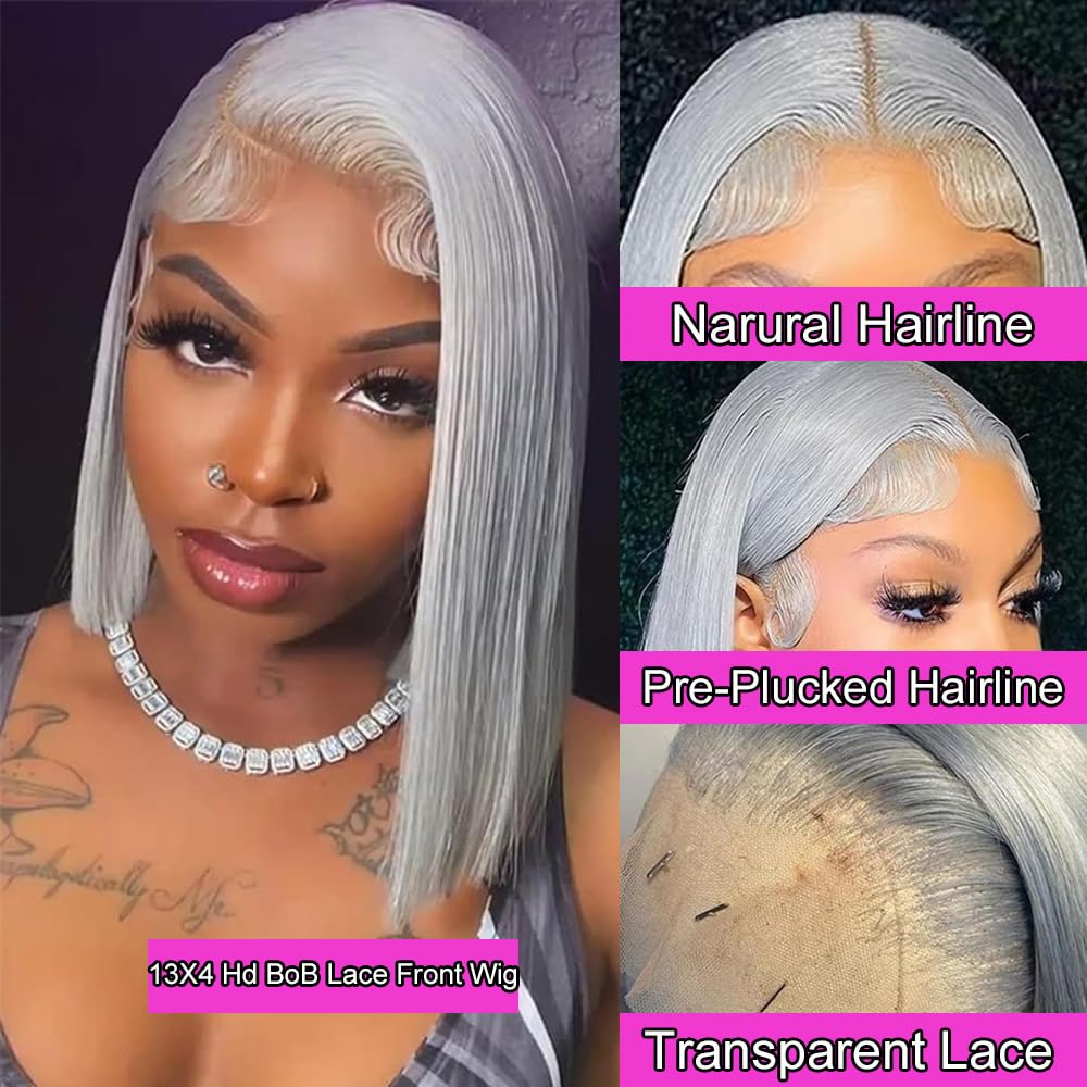 Grey Bob Wig Human Hair 10 Inch 13x4 HD Straight Silver Grey Bob Lace Front Wigs Human Hair Wear and Go Glueless Wig Pre Plucked with Baby Hair Short Gray Bob hd Lace Frontal Wigs For Black Women