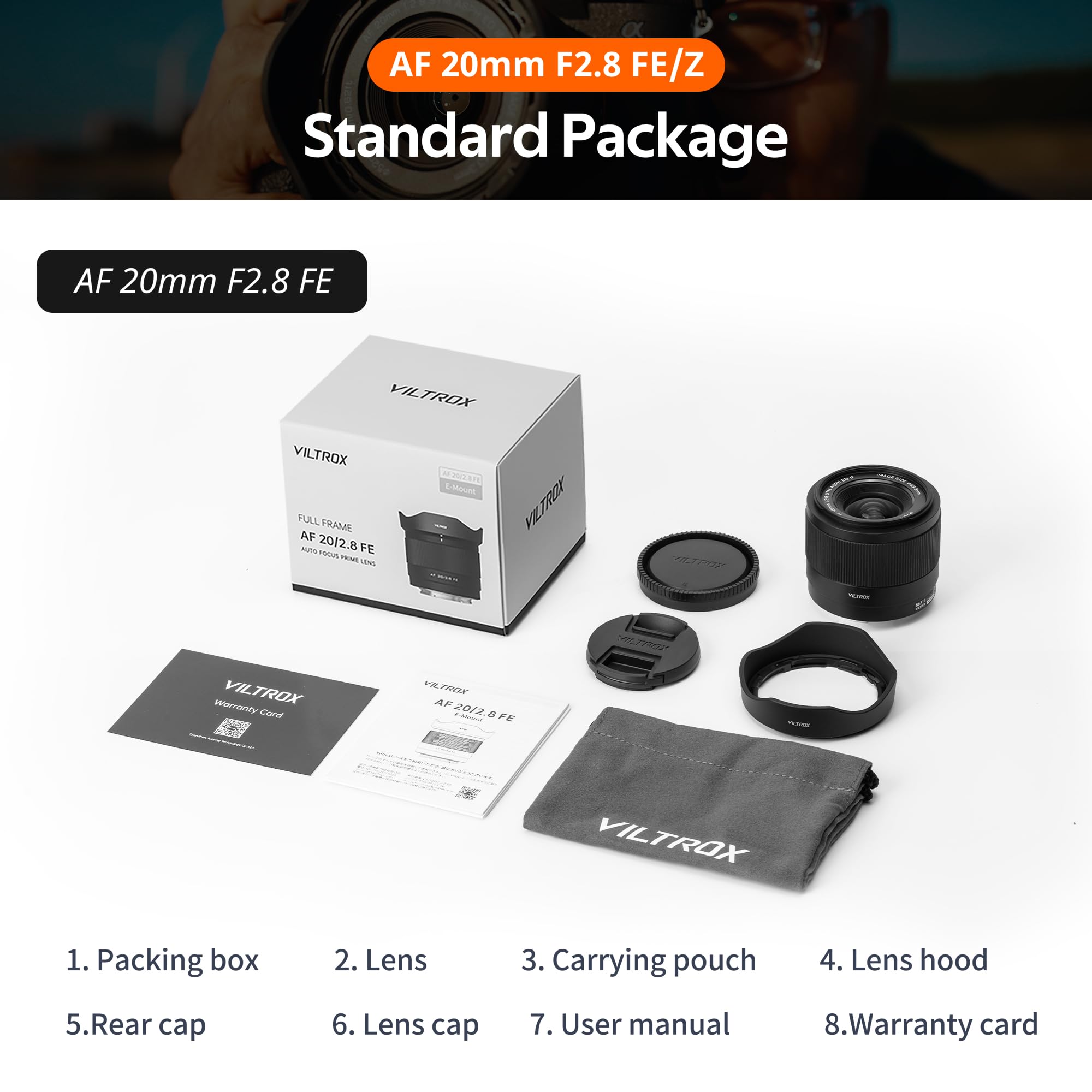 VILTROX AF 20mm F2.8 Air FE Objectif pour Monture Sony E, Objectif Grand Angle 20mm f/2.8 autofocus Plein Format Compatible avec Sony a7IV, a7CII, a7RV, a7S III, ZV-E10, a6700, a6400, a7iii, a9, ZVE1