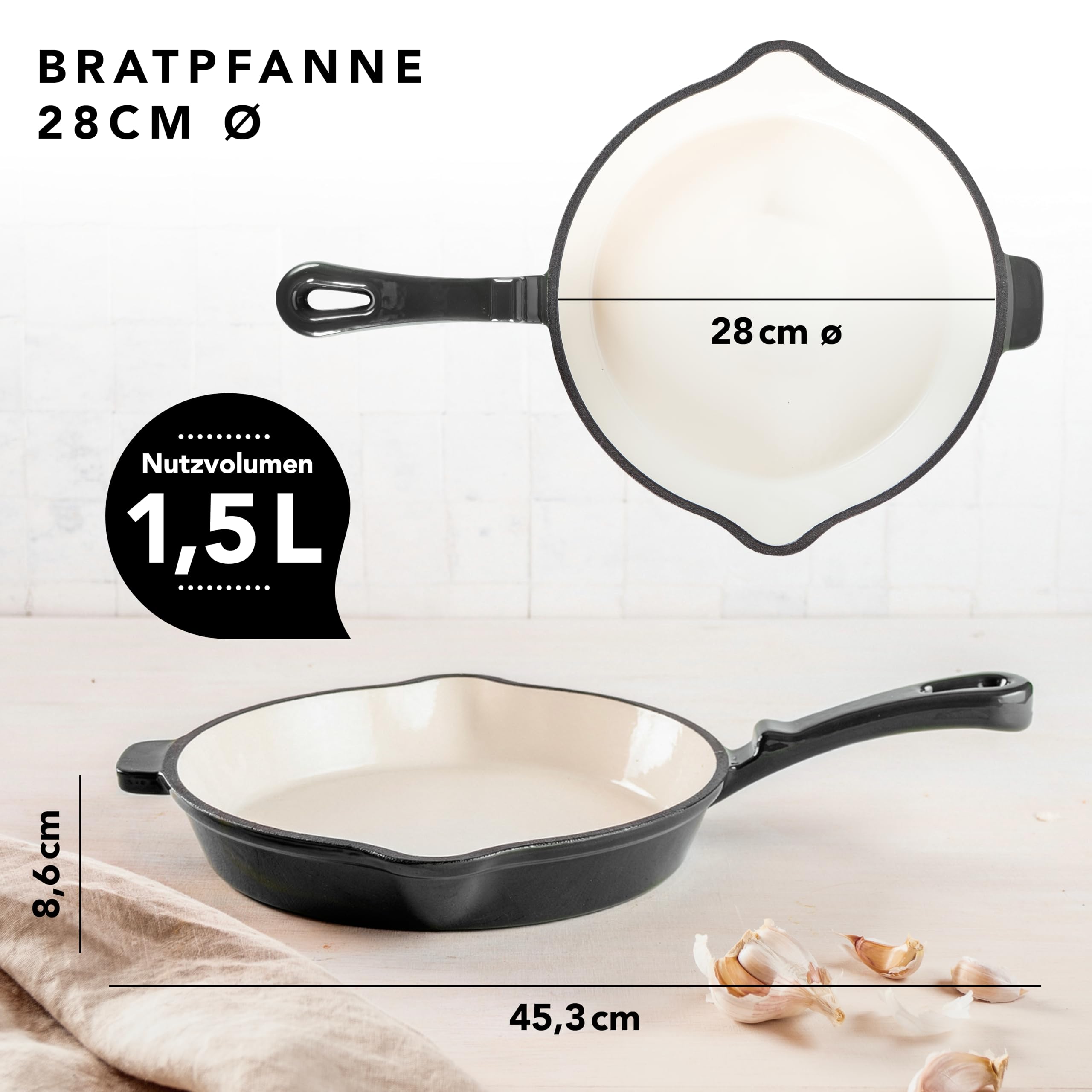 Römertopf Gusseisen Bratpfanne 28 cm emailliert für Induktion, Anthrazit