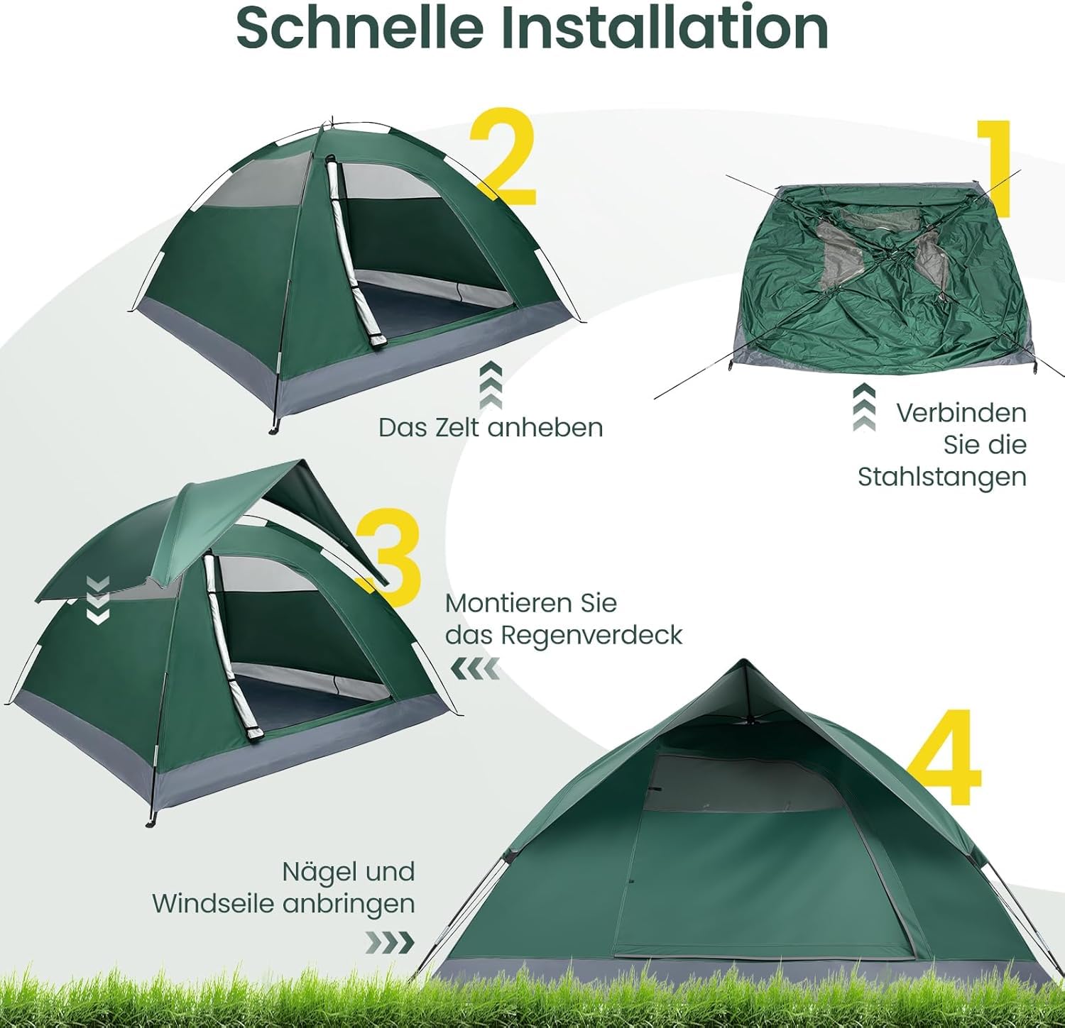 Kuppelzelt 2-3 Personen Camping Zelt Wasserdicht Winddicht Ultraleicht Trekkingzelt Schnellaufbau Outdoor Zelt mit Fiberglasstangen & Belüftung für Camping Wandern Festival