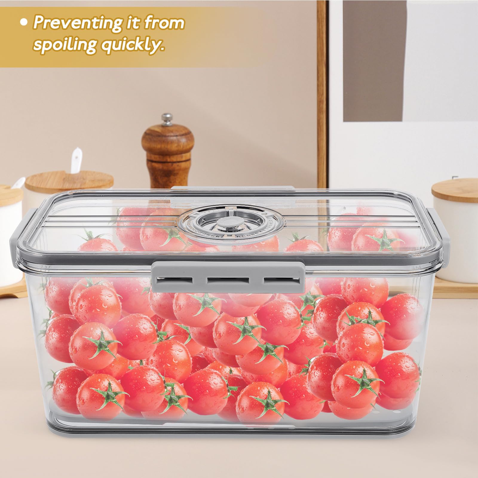 SHINEOFI Contenedor de Alimentos para Refrigerador de 4 Cierres y Sello Hermético, Caja de Pan Gris H-7005 con Dial Temporizador, Almacenamiento de Frutas y Verduras, Organizador