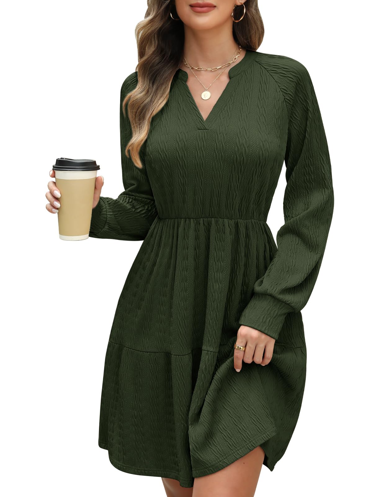CMTOP Strickkleid Damen Herbst Elegant Kleider Langarm V-Ausschnitt Pulloverkleid Herbstkleid Gestrickt Freizeitkleider Elastische Hohe Taille Tunika A Linien Kleid mit Taschen