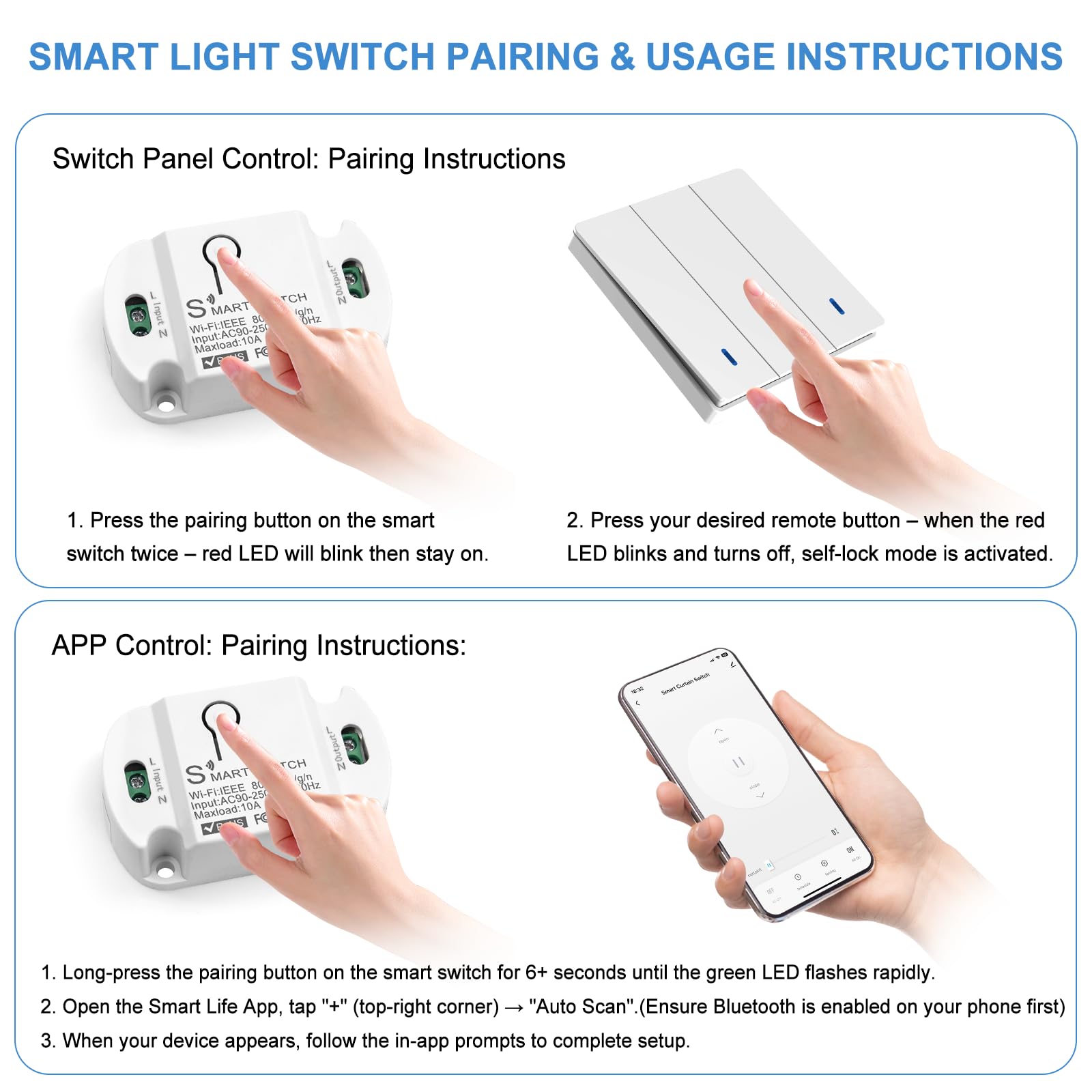 Interruttore Senza Fili, Interruttore luce Senza Fili, Interruttore Wireless, Interruttore wifi Smart Life, Interruttore Sicurezza Trasmettitore RF 433Mhz e 3 Controller Ricevitore 10A, Portata 100 m