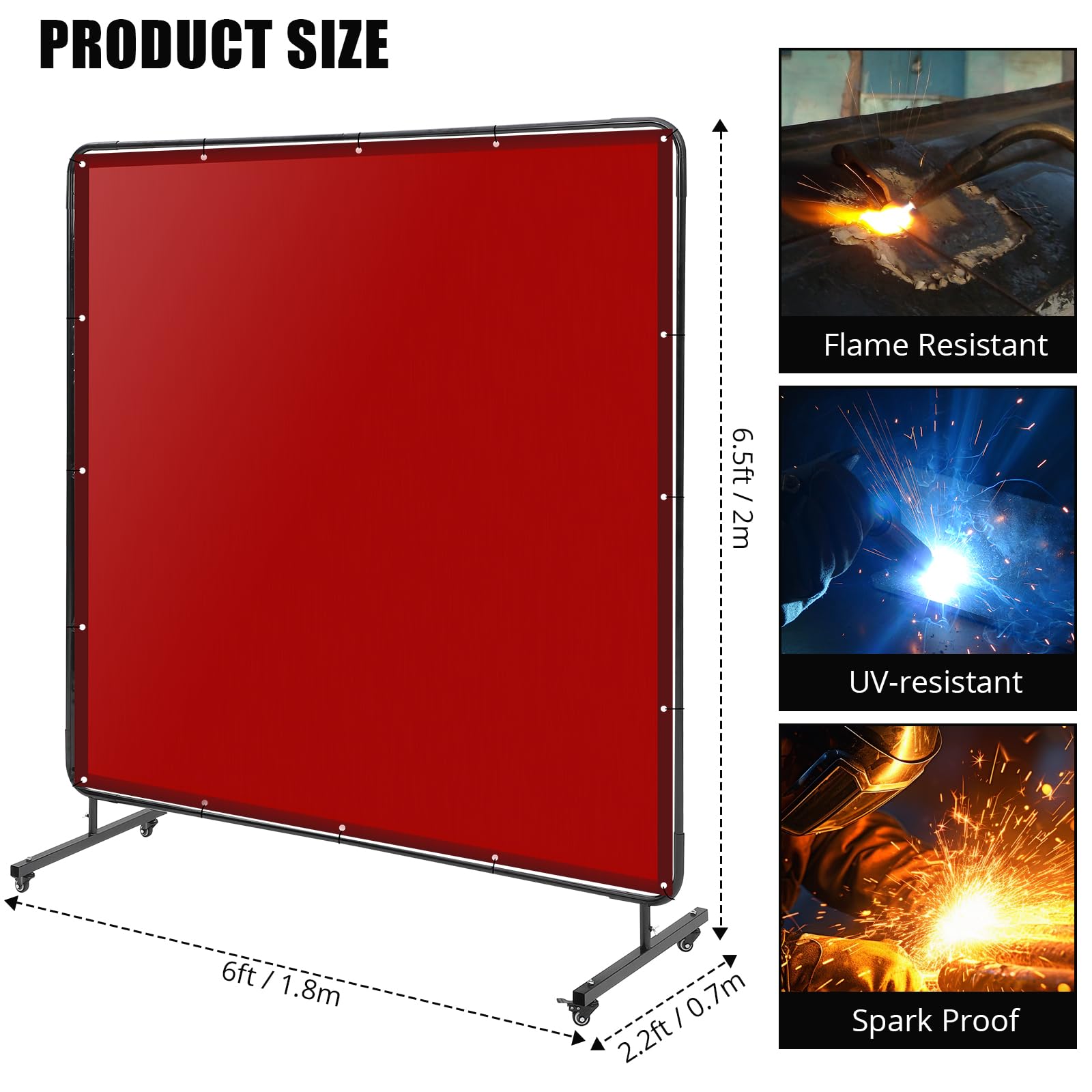Pantalla de Soldadura 244 × 183 cm Vinilo Ignífugo Biombo Protección Industrial con Ruedas Separador Taller Soldar Color Rojo