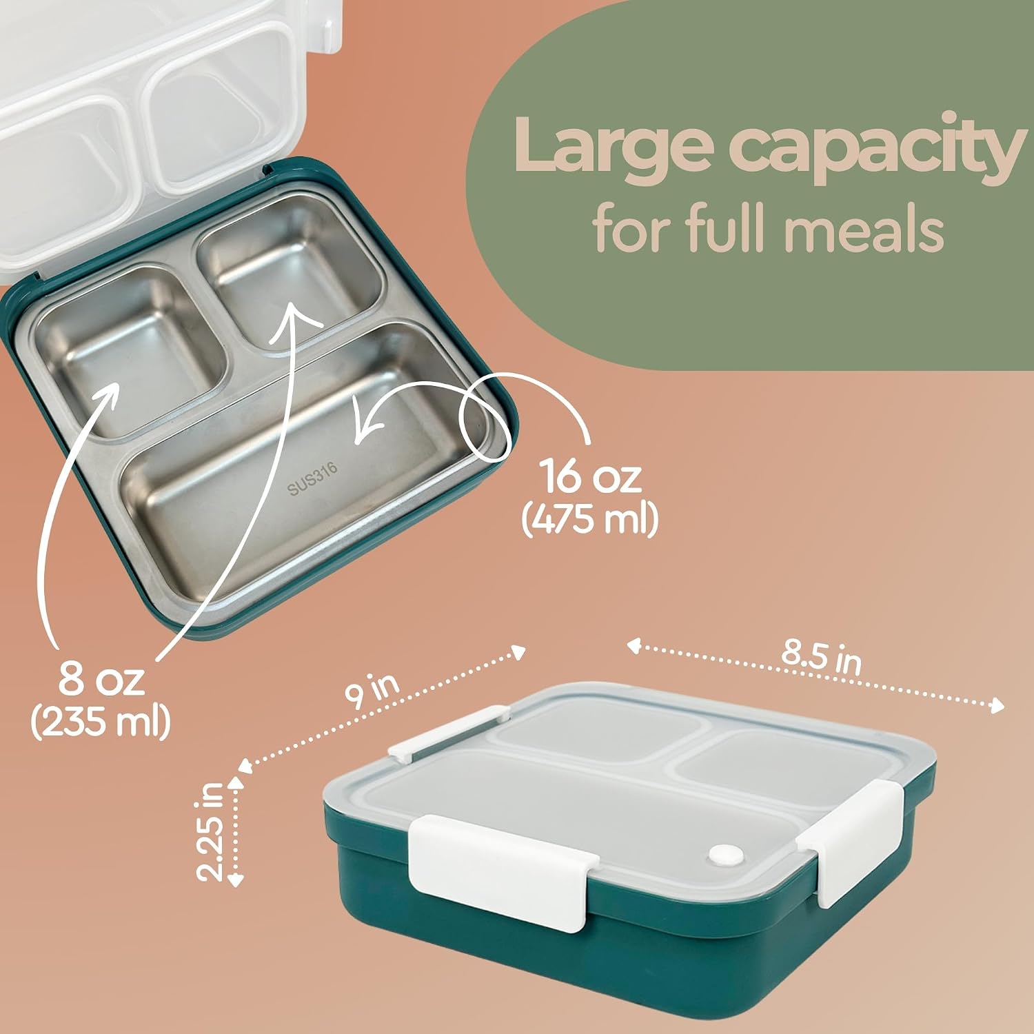 Kin & Dwell Stainless Steel SUS316 Lunch Box, Large Capacity, 3 Compartments Metal Bento Box for Kids & Adults, Leak-Proof for School, Office, Dishwasher Safe (Teal)