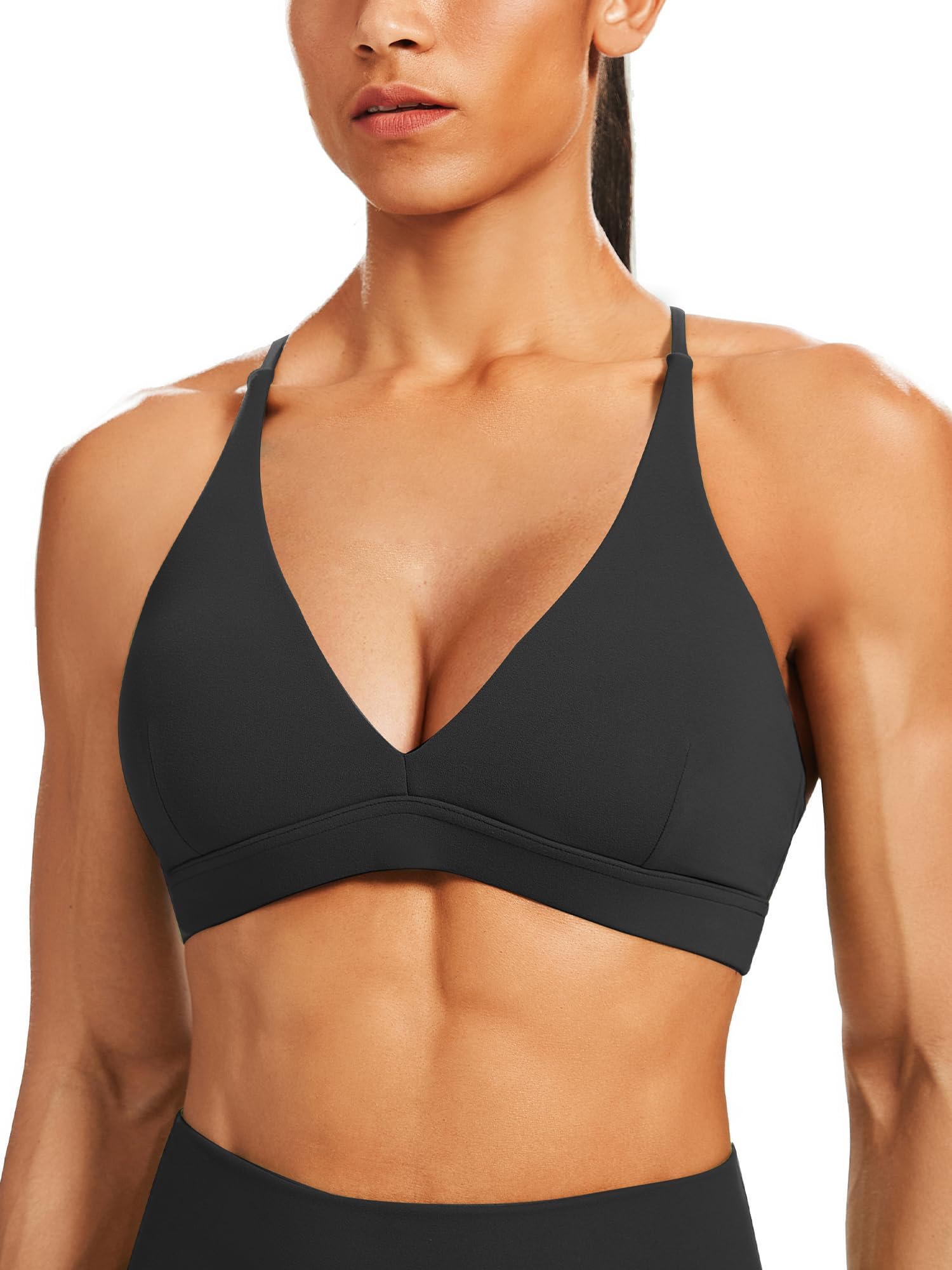 Unthewe Brasier deportivo con cuello en V profundo para mujer, de bajo impacto, espalda cruzada, brasier de yoga con relleno