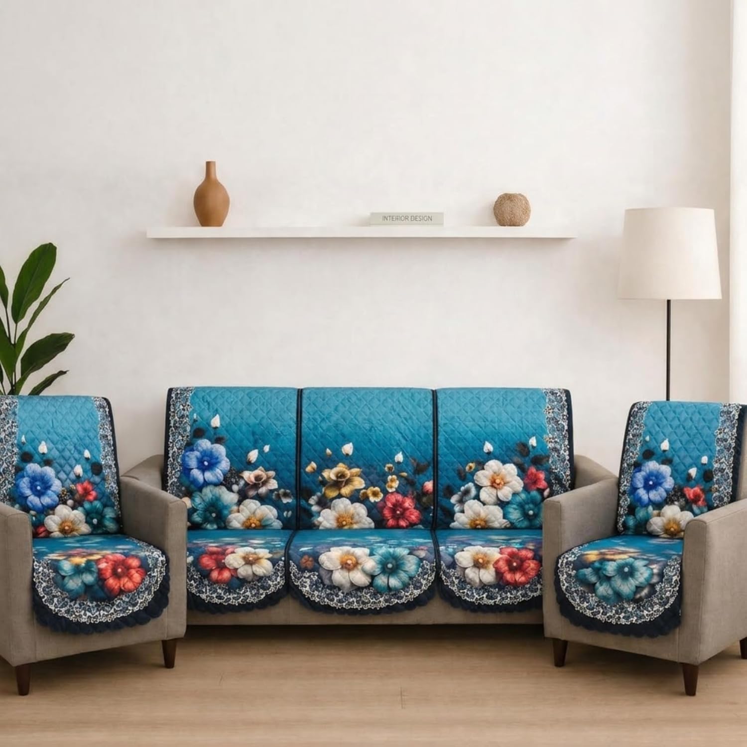 Home Velvet Sofa Slipcover Set 5 Seater (10 Pcs), Quilted Floral Sofa Cover, Anti-Slip Sofa Protector, Washable Decorative Covers for 3+1+1 Sofa Set (Aqua)-image-35