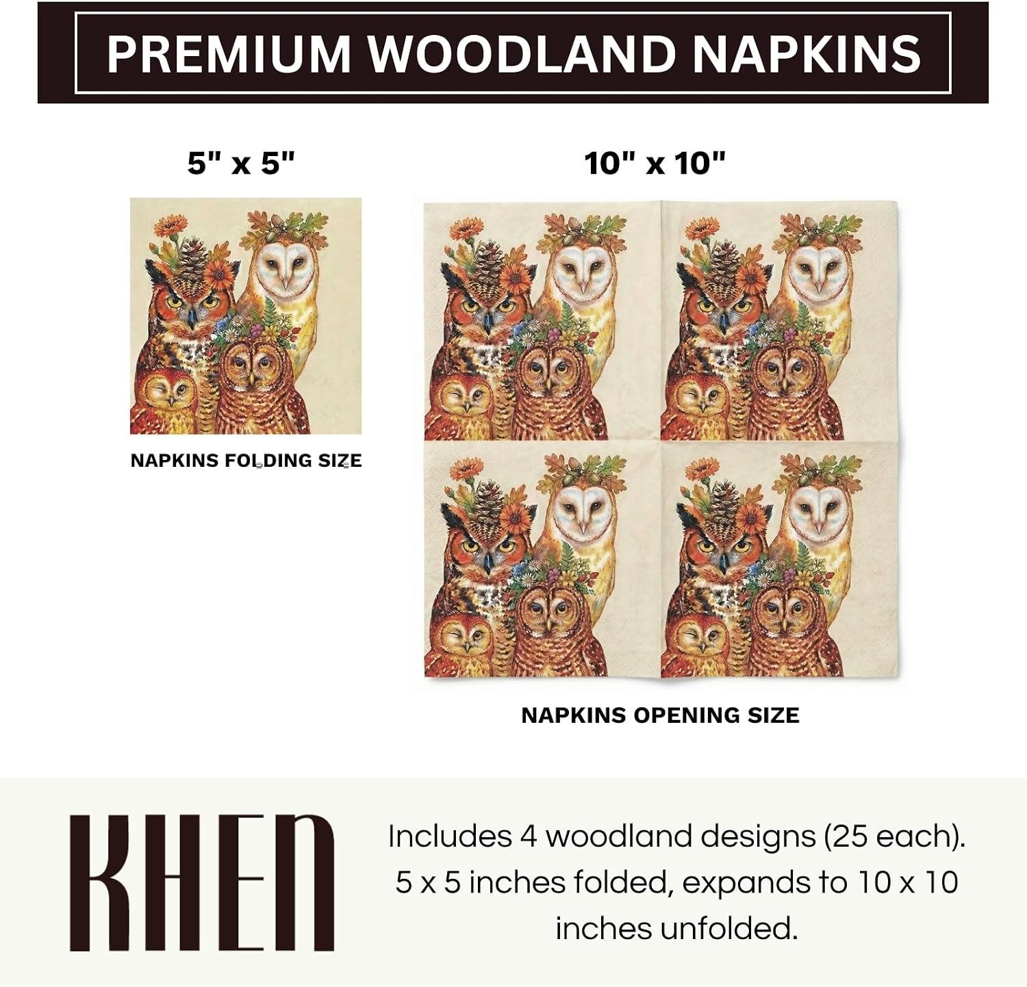 Forest Woodland Animal Paper Napkins, 4 Cute Designs 5x5 Folded Summer Party Disposable Beverage Table Serviettes for Kitchen Dining Picnic BBQ Buffet Cocktail Camping Garden, Bundle of 4 (25ct) Packs