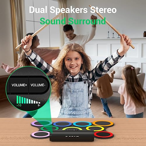 Miniatura 3 de Juego de batería eléctrica de 9 almohadillas con auriculares, almohadilla de batería enrollable más grande, juego MIDI USB, altavoz integrado,