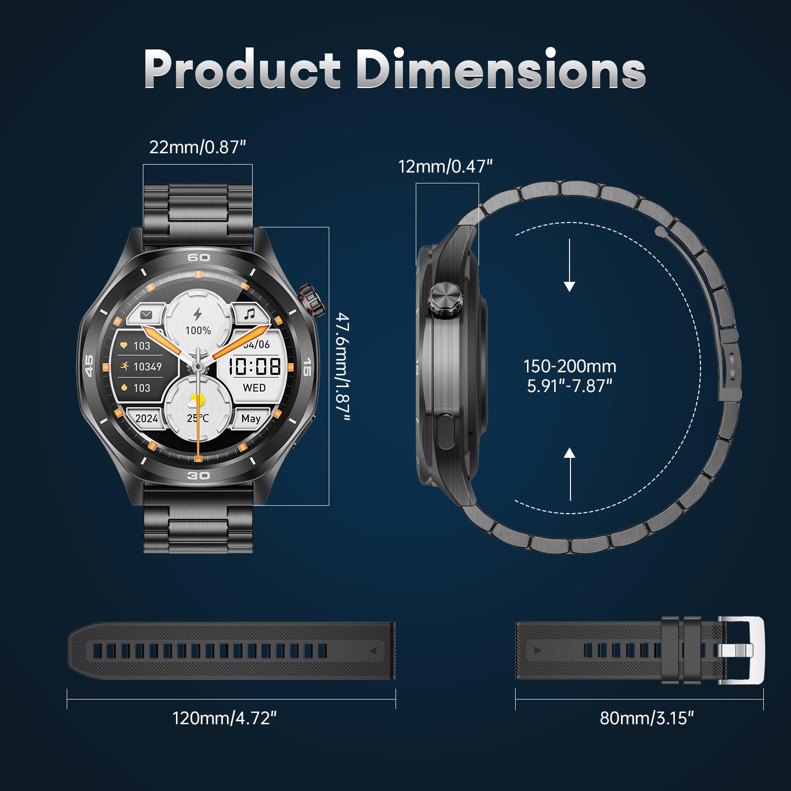 Męski smartwatch wojskowy 1,52" HD, wytrzymały smartwatch fitness z długą baterią 500 mAh, wodoszczelność IP68, 120 trybów sportowych, pulsometr, SpO2 / monitor snu, 2 paski do Android iOS