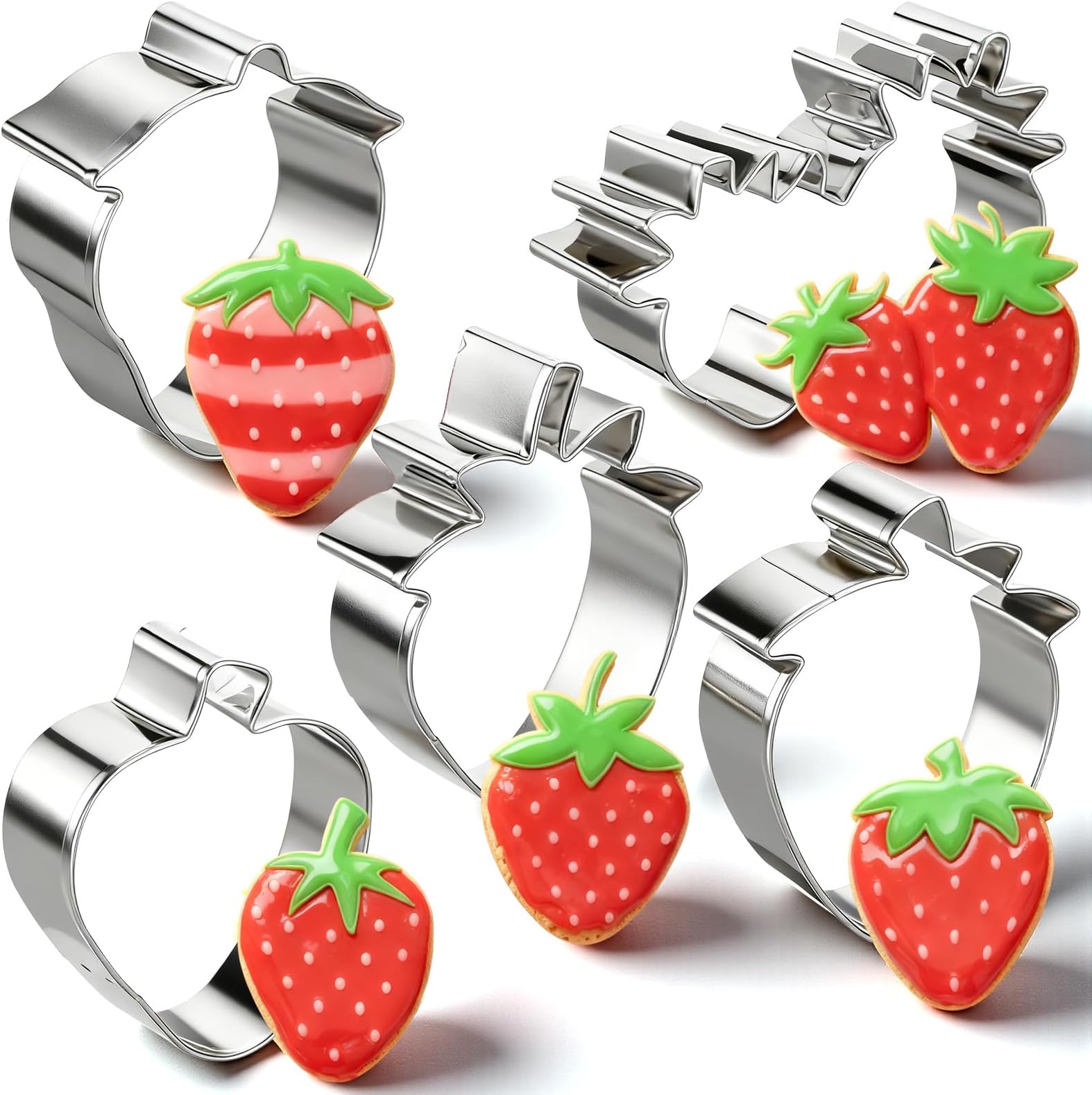 5 Pcs Strawberry Cookie Cutter Set 2.36-3.7 inch Stainless Steel Fruit Cookie Cutters Strawberry Fondant Biscuit Molds for Baking Summer Birthday Party, Dishwasher Safe, Multiple Styles