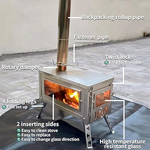 Miniatura 3 de DANCHEL OUTDOOR HS6 - Estufas de tienda de campaña calientes de leña portátiles con lado reforzado, estufa de campamento plegable de acero