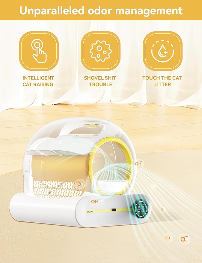 The Self Cleaning Cat Litter Box Robot 4th is a large automatic cat litter box that can hold up to 65L of litter with an additional 9L compartment for storing extra litter. It is equipped with an odor-removal design to keep your home smelling fresh and clean. The litter box also includes a weight monitoring function to track your cat's health and ensure they are using the box regularly.