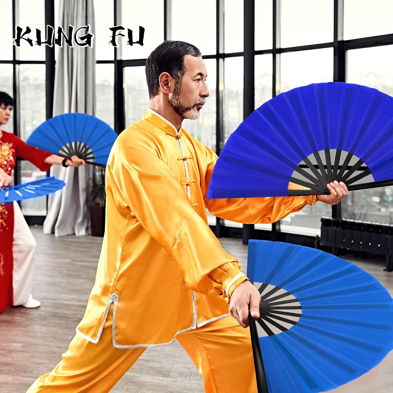 Blulu 4 Pcs Large Folding Fans Bulk with 4 Fan Sleeves, Chinese Kung Fu Hand Clack Rave Fans for Line Dancing, Festival, Party Decor and Performance(Classic Style,Royal Blue,13 Inch)