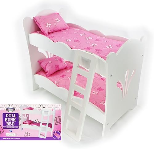 Matty's Toy Stop Literas de madera blanca de 18 pulgadas con 2 almohadas rosas, 2 cojines rosas y escalera, se adapta a muñecas American Girl