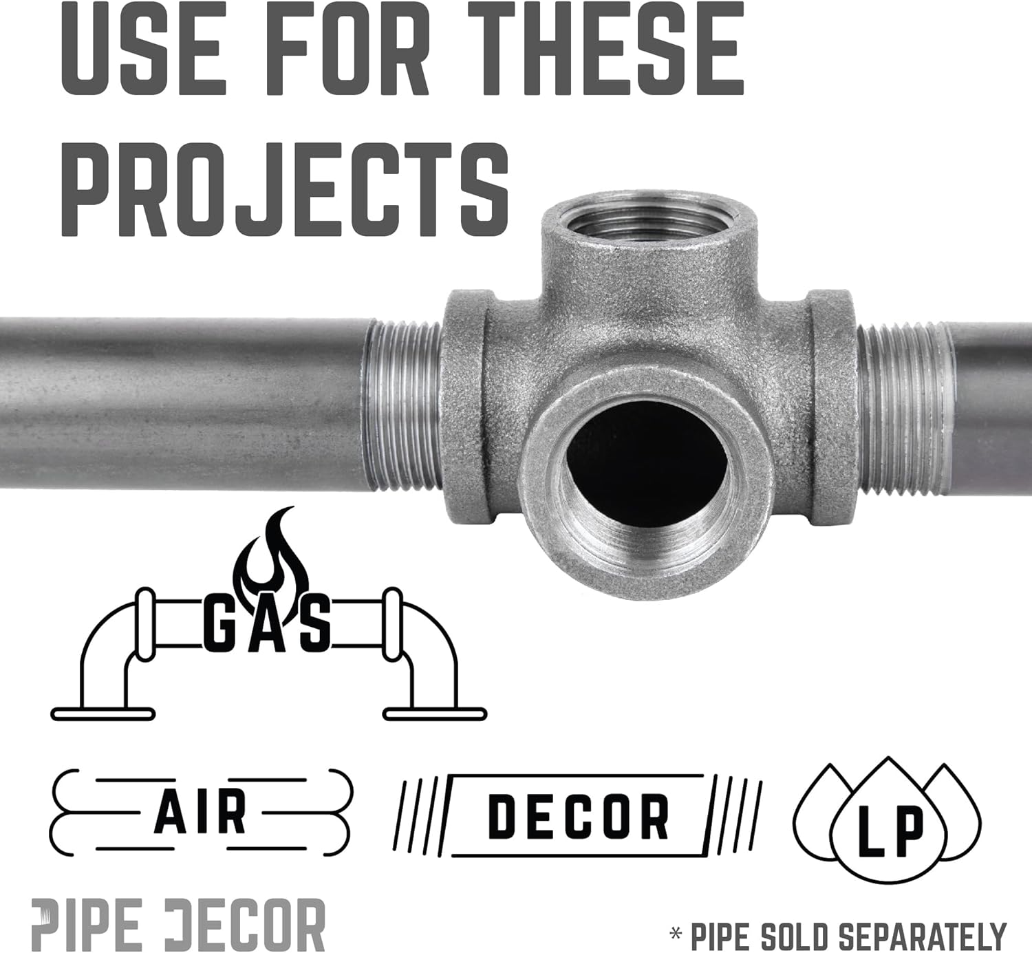 PIPE DECOR Side Outlet Tee Fitting, 3/4 Inch, Black Malleable Iron, Set of 4 – For Plumbing, DIY Furniture, and Standard 3/4 Inch Plumbing Pipe