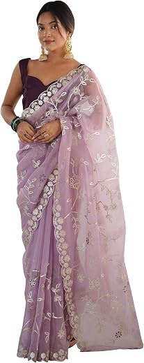 AKHILAM Women's Organza Embellished Saree With Unstitched Blouse Piece (AMIT5050A_DC_Parent)