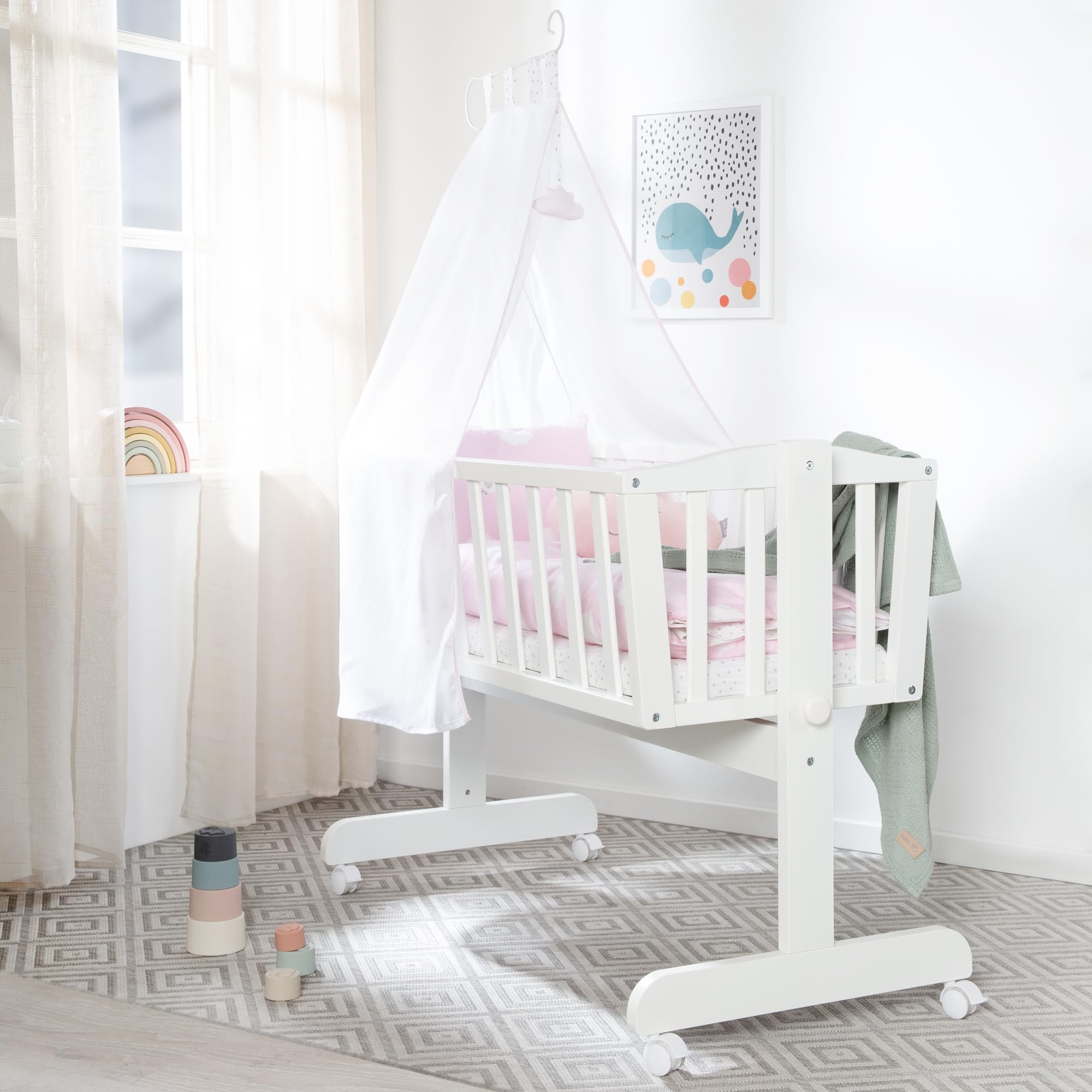 Image secondaire de Berceau en Bois Laqué Blanc Kleine Wolke Rosa avec Literie Complète