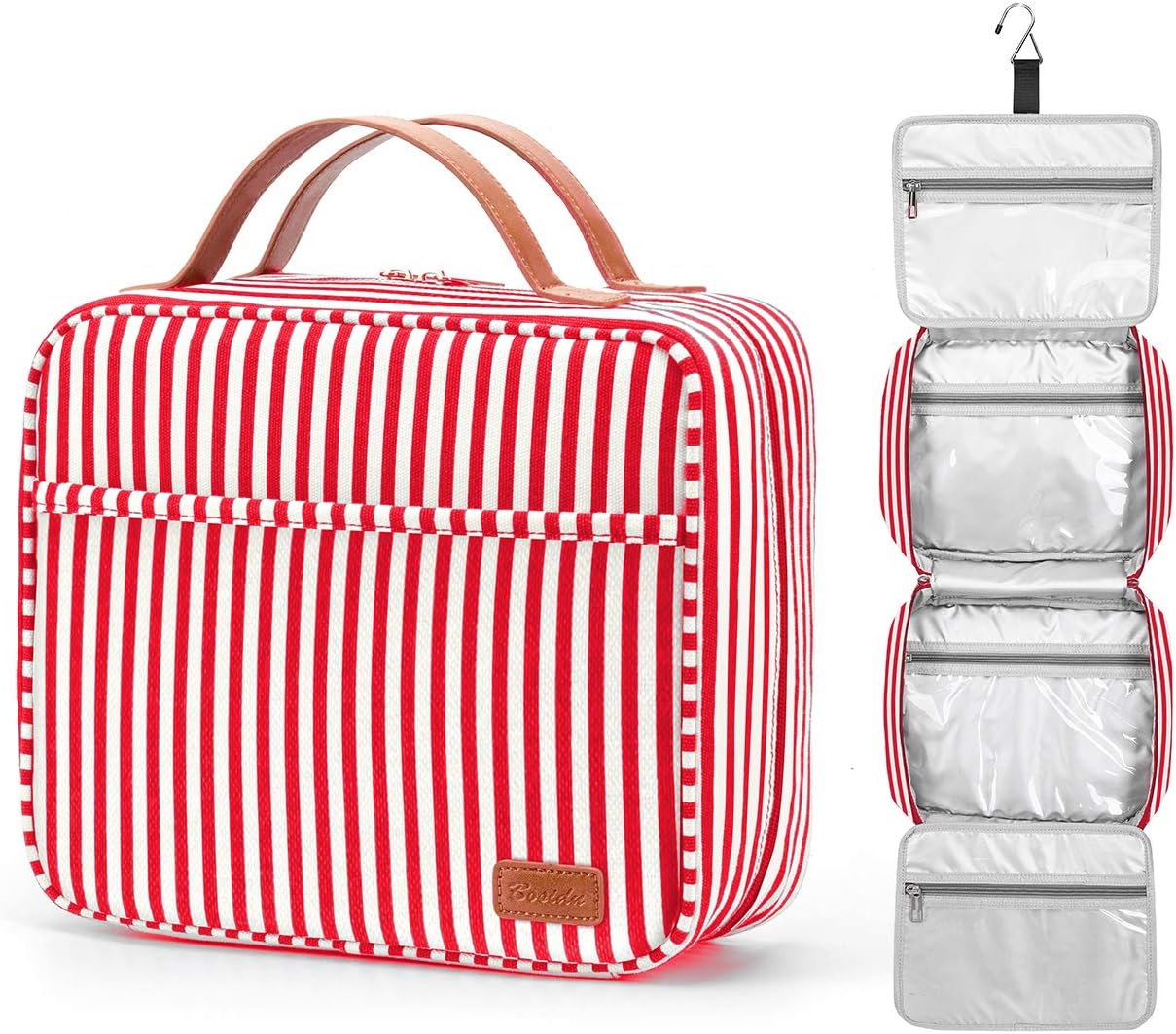 Red & White Striped Hanging Travel Toiletry Bag, Large Capacity Cosmetic Organiser with 4 Compartments & Sturdy Hook, Perfect for Travel/Daily Use