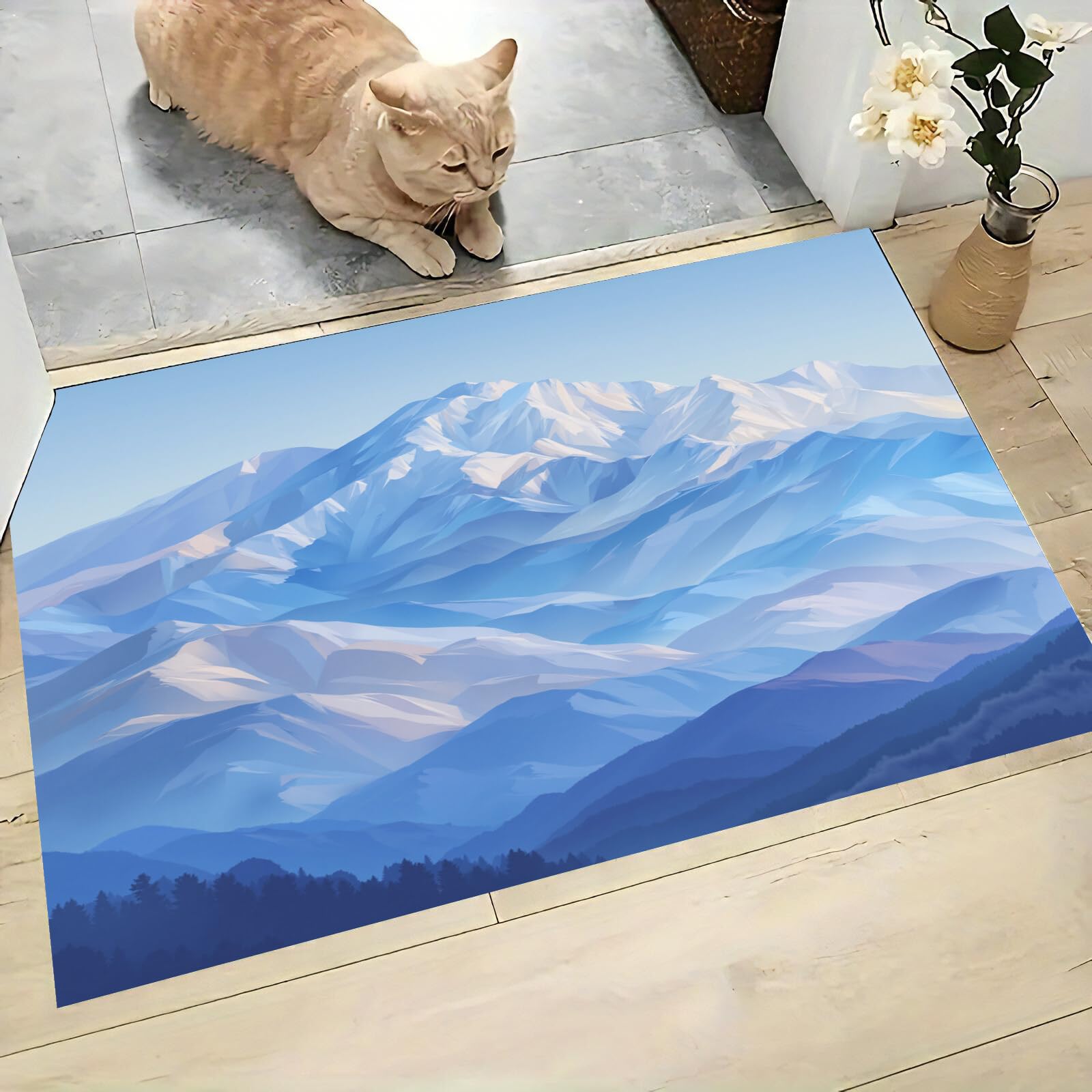 Tapete Azul Montañas Escarpadas Cubiertas Nieve Puerta Felpudo Entrada Exterior Atrapar Suciedad Alfombra Ilustraciones Minimalistas Para Interior Jardines Cocina Pasillo Trasera Delantera,80X120Cm