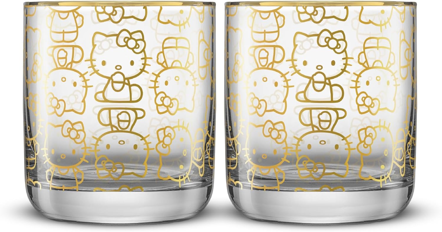 JoyJolt Sanrio Hello Kitty Charmed Short Glasses, 10oz Drinking Glass Cups Set of 2, Cute Short Glass Tumbler Set, Hello Kitty Stuff, Kawaii Gifts for Women