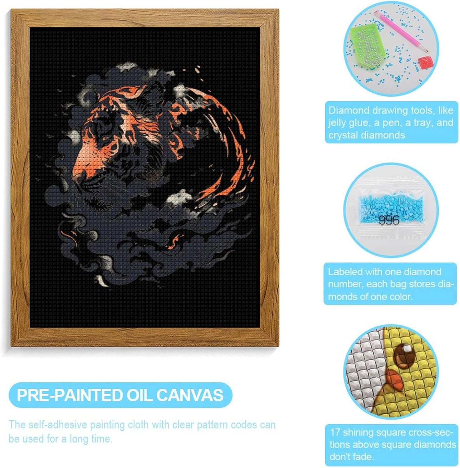 Japanese Tiger Clouds Diamond 5D Painting Kits with Frame DIY Full Round Drill Gem Art Crafts for Home Wall Decor 16 X 20in Yellow Wood 40 * 50cm