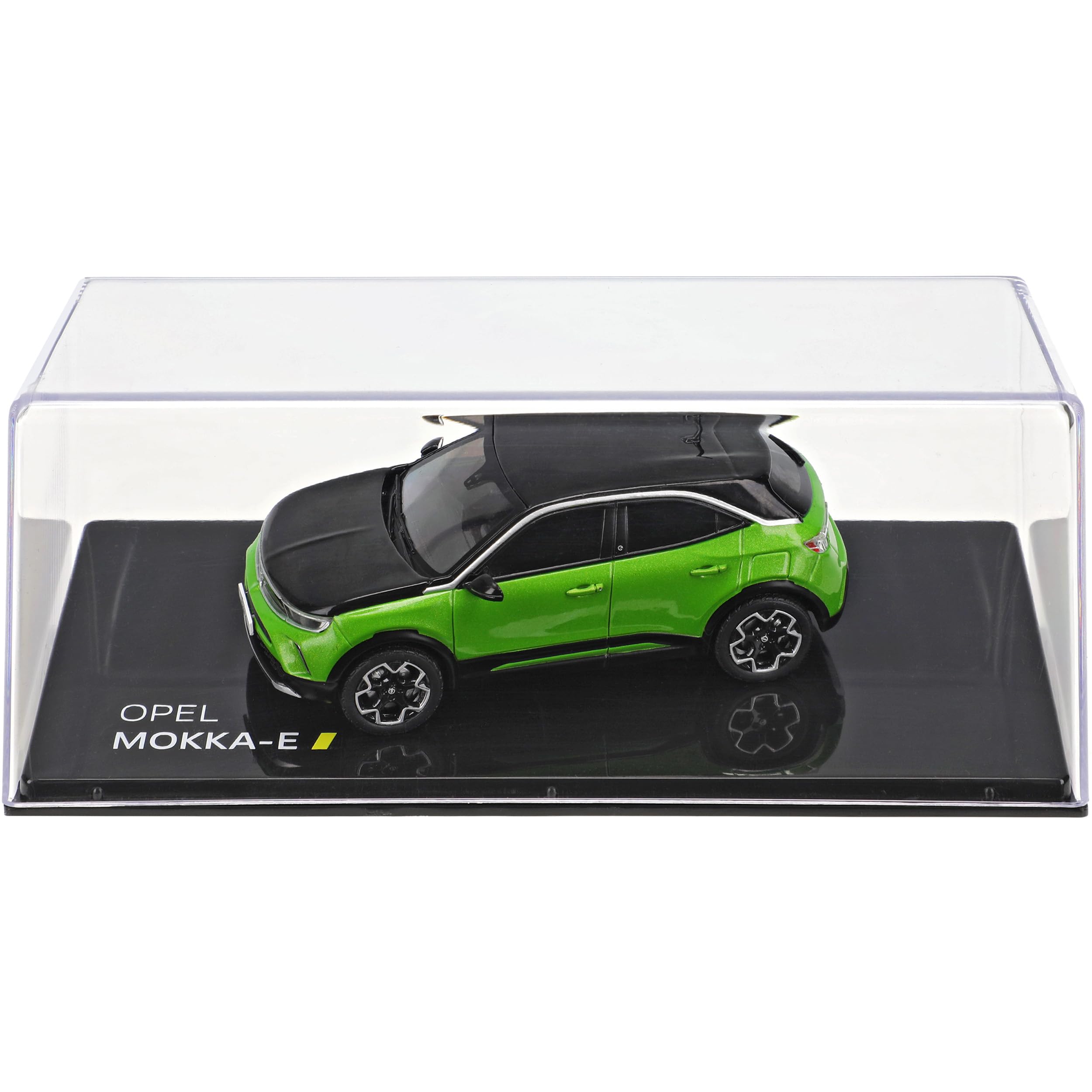 alles-meine.de GmbH Opel Mokka B E SUV Grün 2. Generation Ab 2021 mit Sockel und Vitrine 1/43 Modell Auto mit individiuellem Wunschkennzeichen