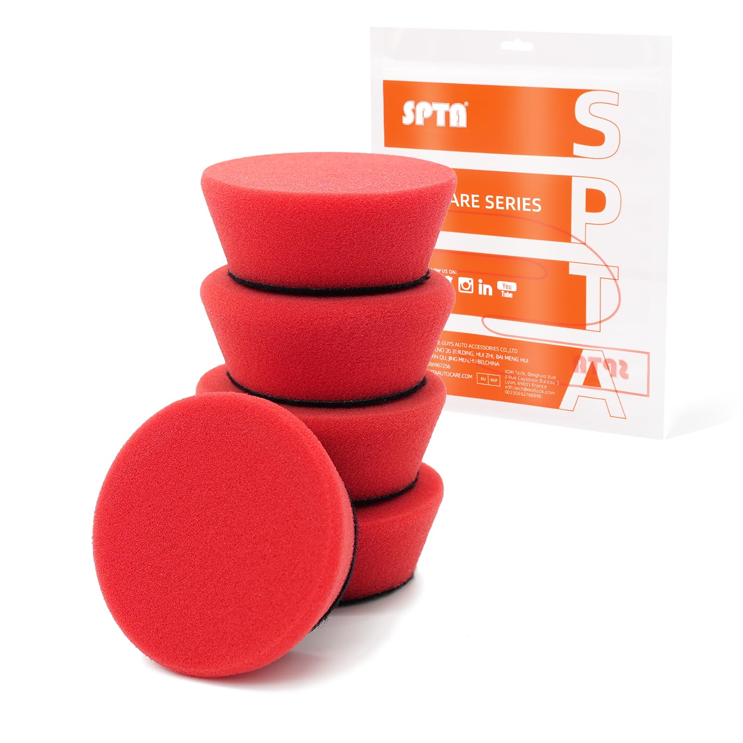 SPTA Red T10 Mini Ultra-Fine Finishing Foam Polishing Pads, 5Pcs 2inch/50mm Sponge Polishing Buffing Pads, Car Foam Detail Polishing Pad Kit for Car Detail Polishing, Small Area Polishing -FPTSS2R