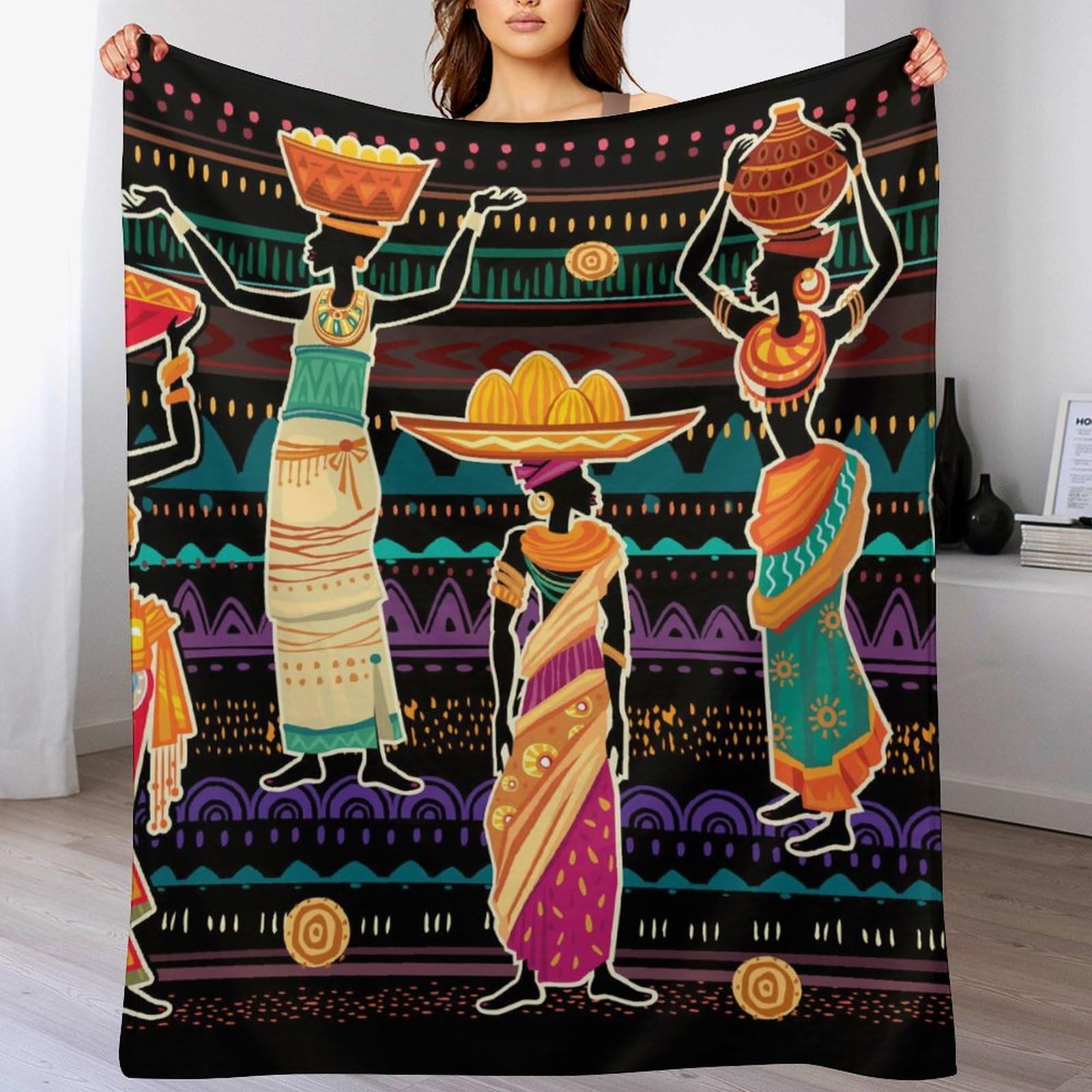 Melbrakin Women's Color626 Colorful Ethnic Dress Traditional African Black Soft Flannel Travel Blanket, Living Room Home Sofa Decoration Blanket, Dormitory Office Nap Blanket