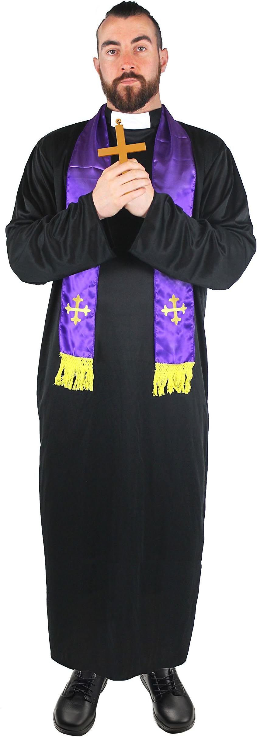 PRIEST COSTUME MENS FANCY DRESS VICAR OUTFIT BLACK LONG TUNIC ROBE WITH WHITE COLLAR + PURPLE SCARF VESTMANT WITH EMBROIRDERED GOLD CROSS
