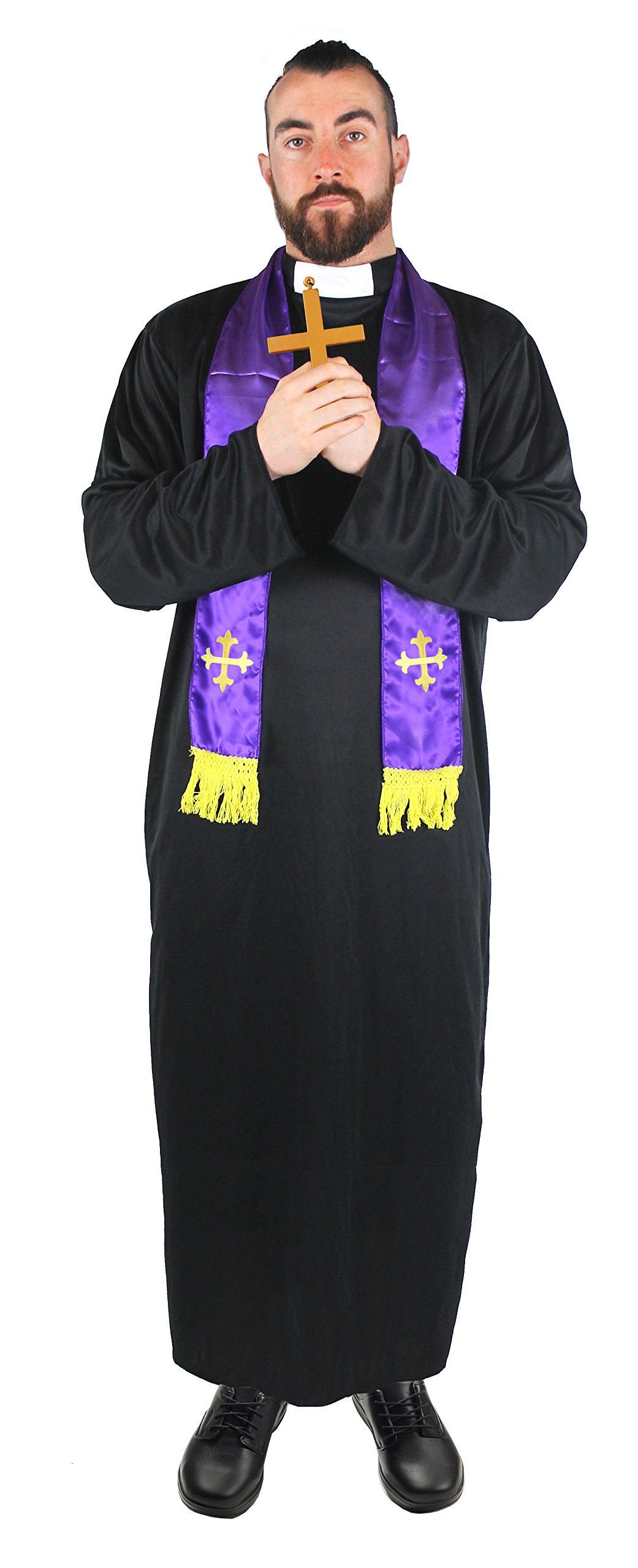 PRIEST COSTUME MENS FANCY DRESS VICAR OUTFIT BLACK LONG TUNIC ROBE WITH WHITE COLLAR + PURPLE SCARF VESTMANT WITH EMBROIRDERED GOLD CROSS