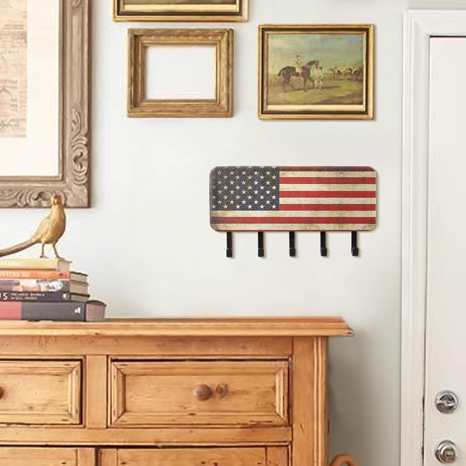 Key Holder for Wall Rustic American Flag Design Key Rack Wall Mount or Self Adhesive Optional Key Hanger with 5 Key Hooks for Wall, Hardware and Adhesive Strips Both Included