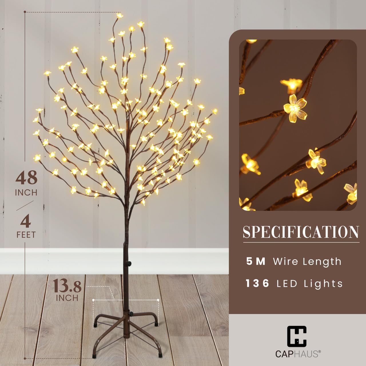 Fencer Wire 4 Feet Premium Full Artificial Cherry Blossom Tree w/ 136 LED Lights, Adjustable Brown Branches & Foldable Stand, Fake Sakura Tree w/Lights for Indoor, Lighted Faux Cherry Blossom Tree