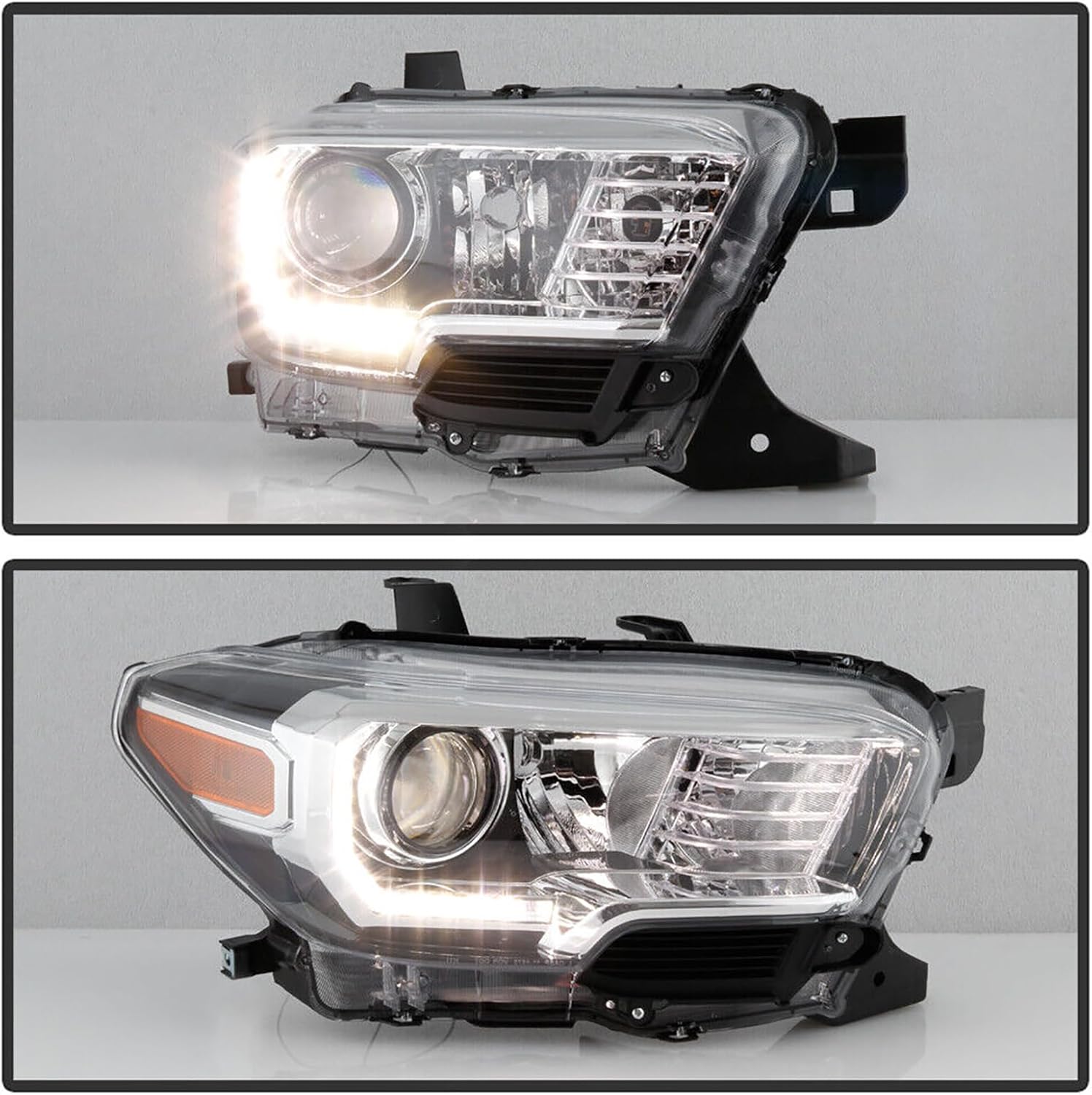 Fit For 2016-2021 Toyota Tacoma Headlights,Halogen Headlamp with LED DRL Black Housing Amber Reflector Replacement Driver Passenger Side