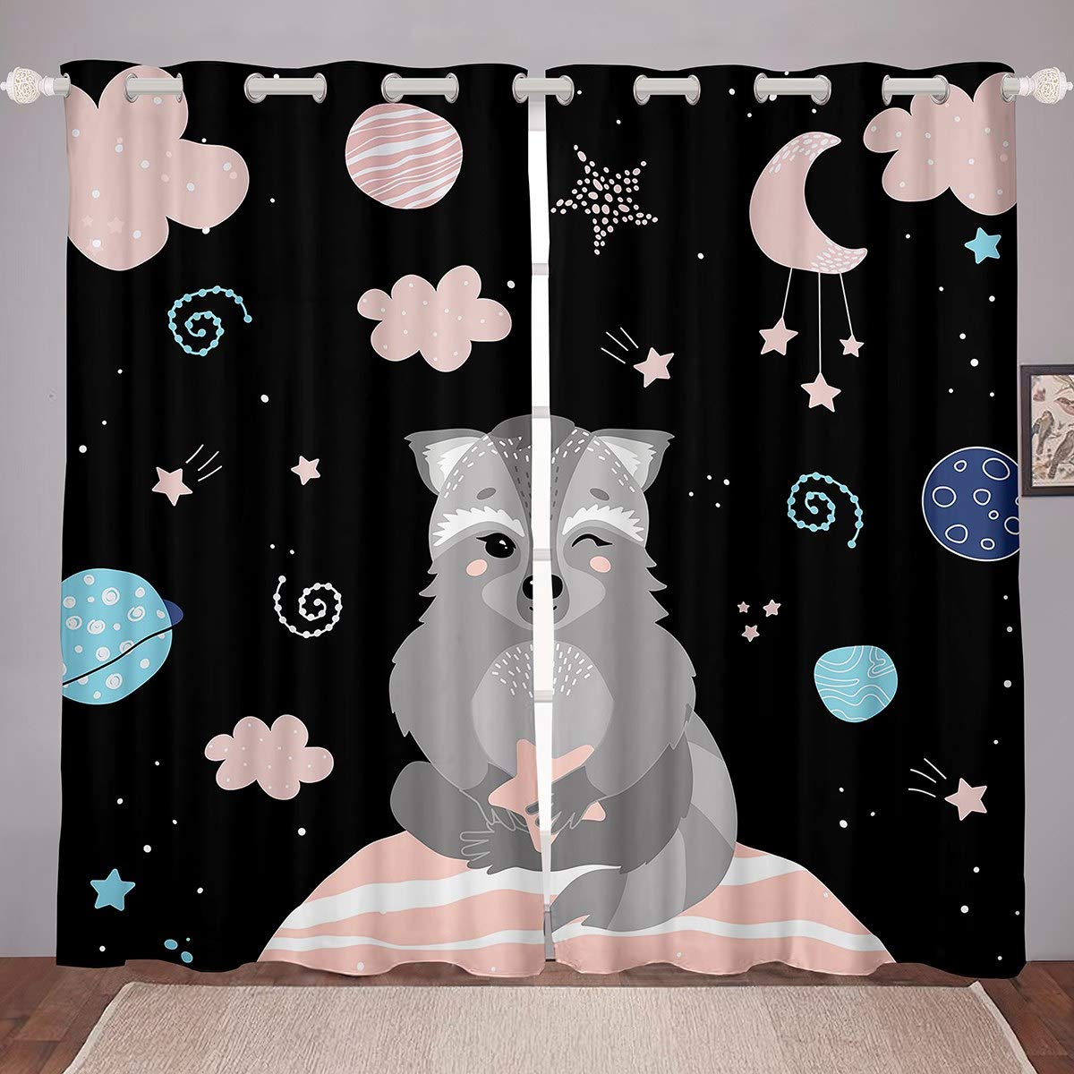 Lindode Animales Cortina de Ventana de Dibujos Animados Universo Planeta Cortinas para niños niñas niños Galaxia tratamientos Respirables Cielo Estrellado cortinas2 Paneles W46* L54