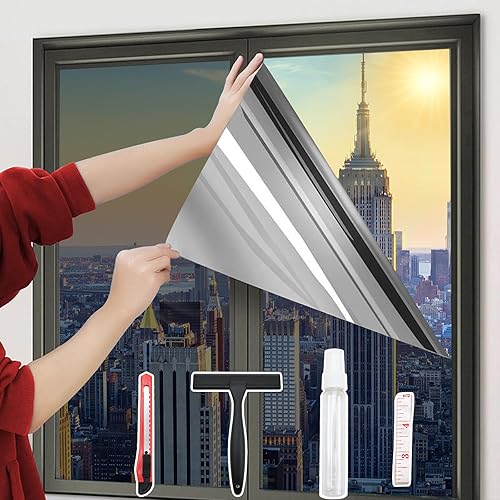 One-Way Window Privacy Film with 4 Tools,Static Cling, Easy to Install & Remove, Window Tint for Home, Heat Control, UV and Light Blocking, Privacy Protection-Black-Silver 17.5"x78.7"