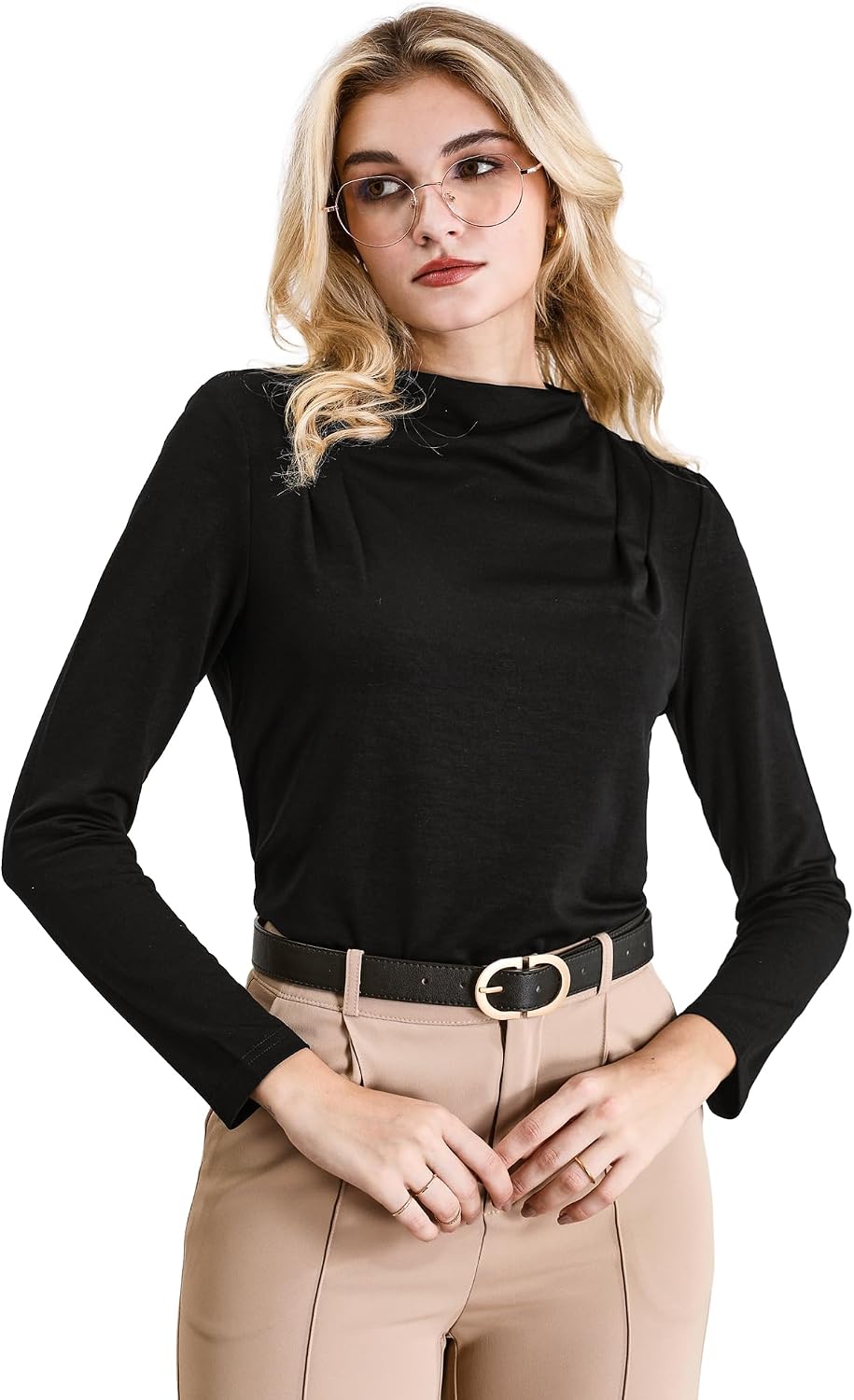 Hobemty Women's Casual Fall Shirt Top Pleated Mock Neck Long Sleeve Pullover Blouse