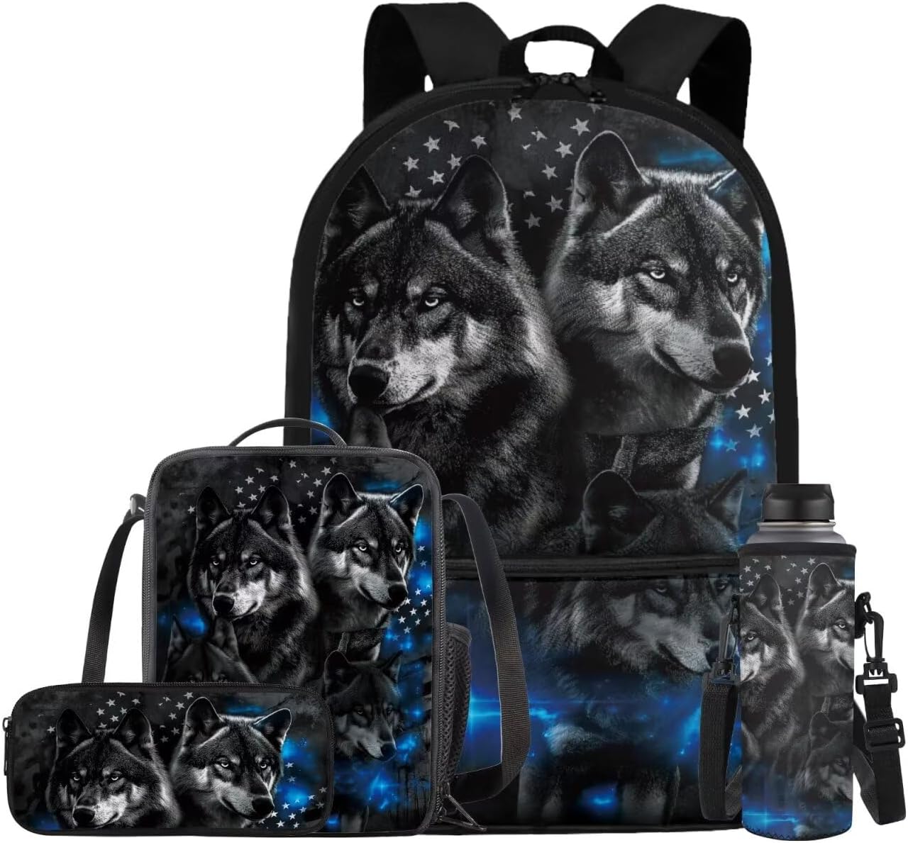 Lion Backpack for Kids Girls Backpack with Lunch Box Water Bottle Pouch and Big Pencil Pouch 4PCS Set Large Bookbag with Front Pocket 17 inch Large School Bag for Boys Kids Back to School Gift