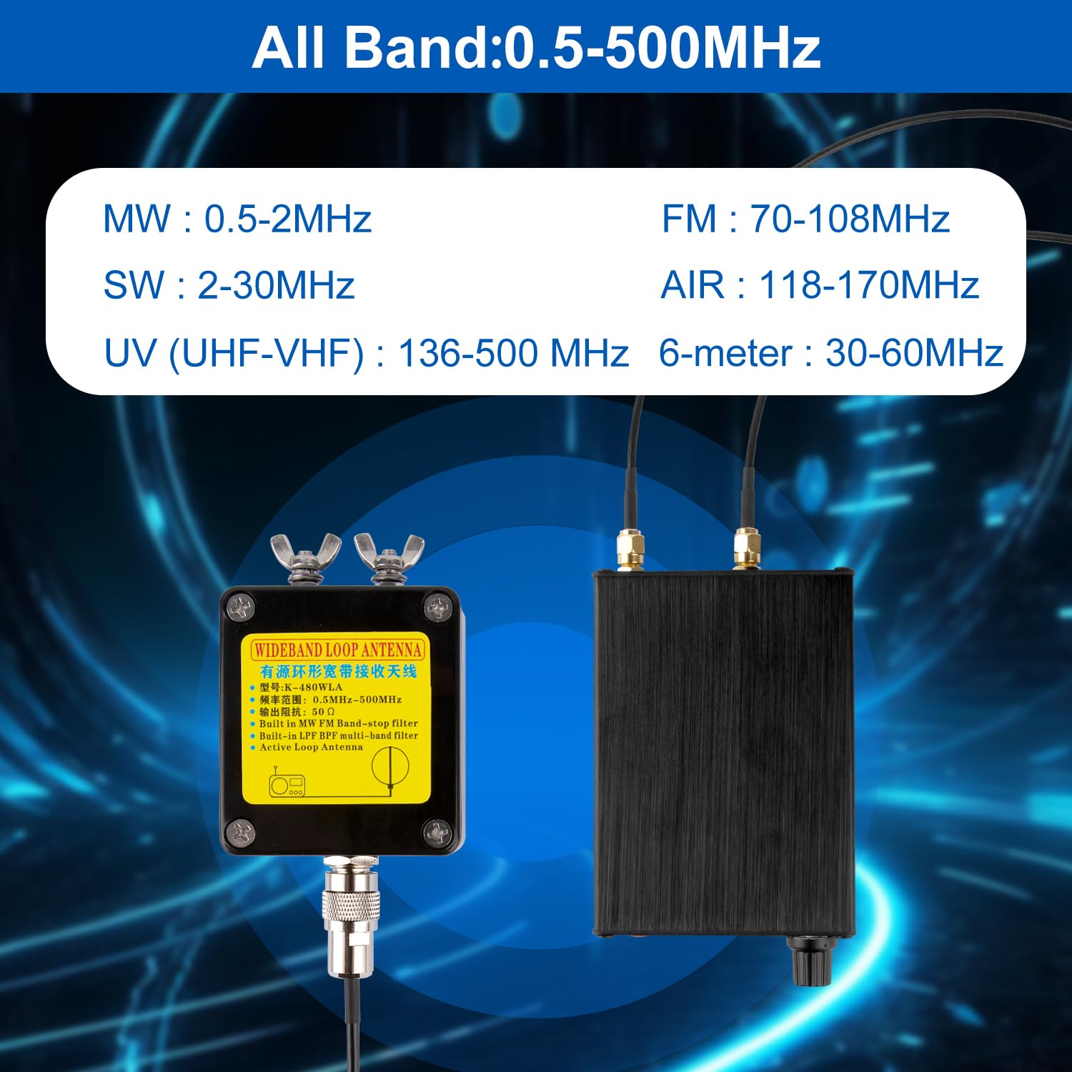 K-480WLA - Antena de bucle activo de 0,5 MHz-500 MHz, antena de radio de banda completa LW/MW/SW/FM/VHF/HF/Air, 6 metros, 30 dBi