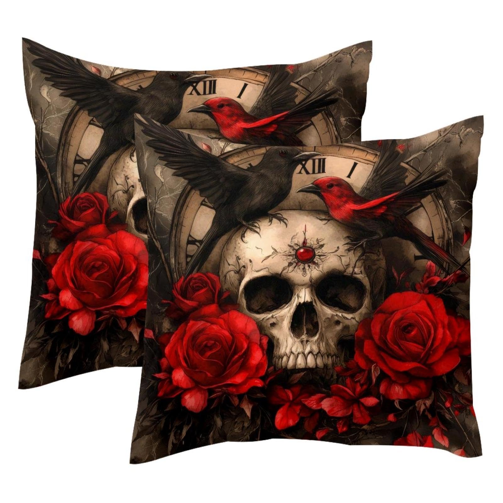 Housses de coussin en velours doux double face, motif crâne et roses raffiné en 50 x 50 cm