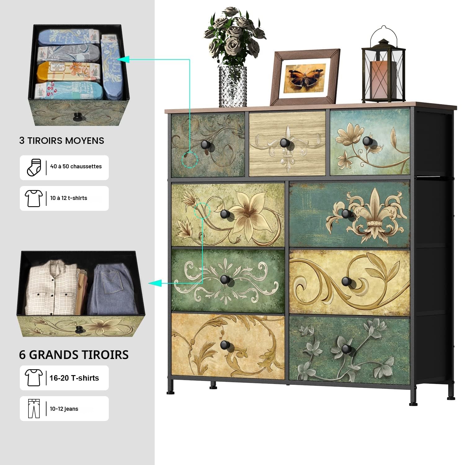 VEDECASA Commode à 9 tiroirs pour chambre, armoire industrielle, cadre en métal, plateau en bois, tiroirs en tissu, pour salon, chambre d'enfant, couloir, rustique