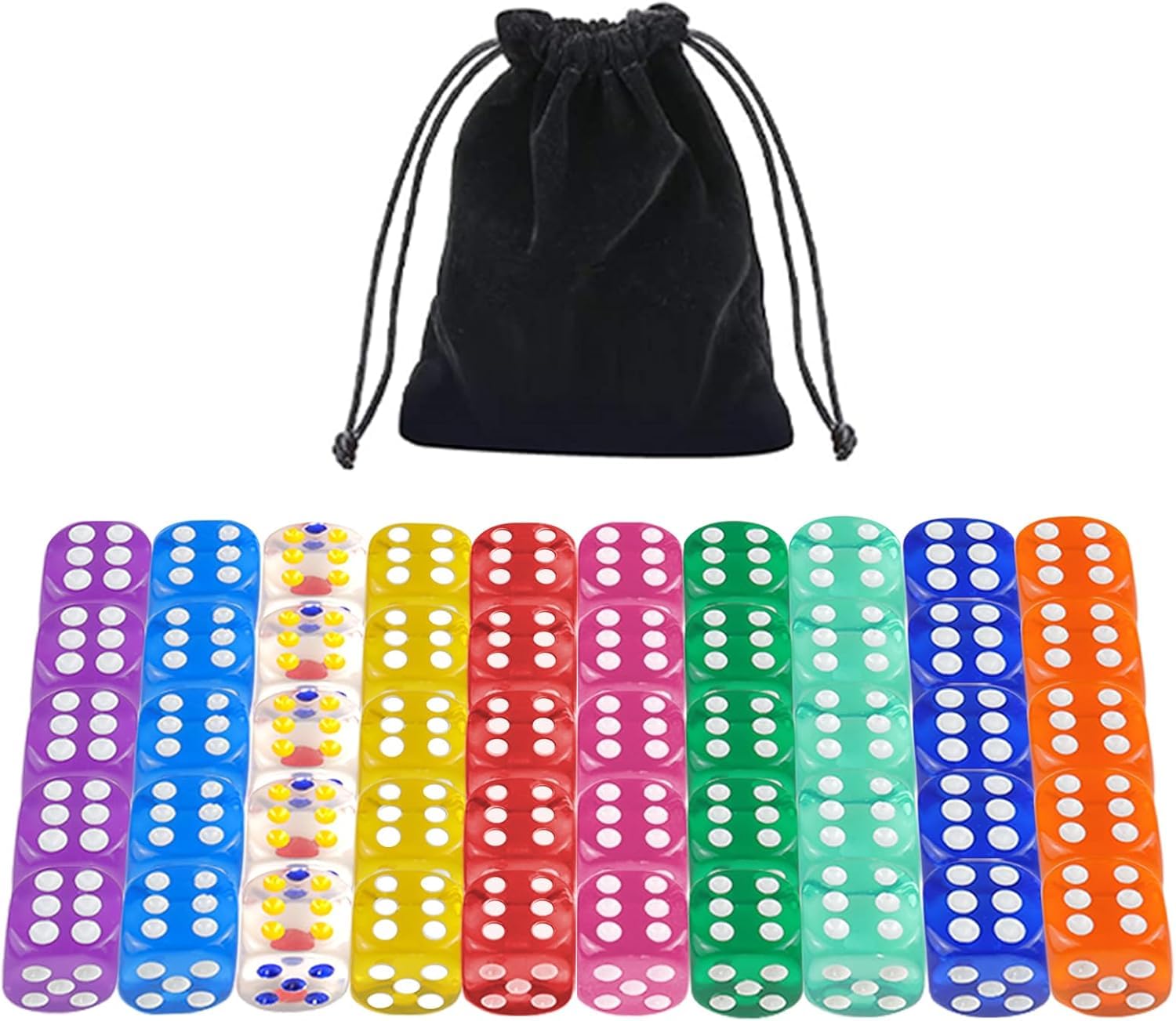 QUTHZZHY Dice 50 Pieces, Dice Set, Dice 16 mm Colourful, Dice with Pocket Pockets, 6 Sided Colour Dice, Playing Dice for Place Card Games, Acrylic Dice Throws, 10 Colours, for Math Lessons